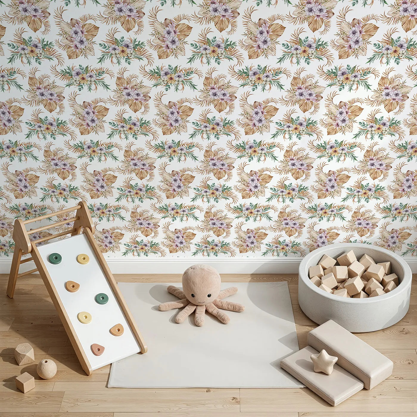 Top-Down view of Whimsy Tots' Tropical Bloom Medley Wallpaper (W3299).Blush blooms, sun-dried leaves, and tropical greens dance in cozy harmony.