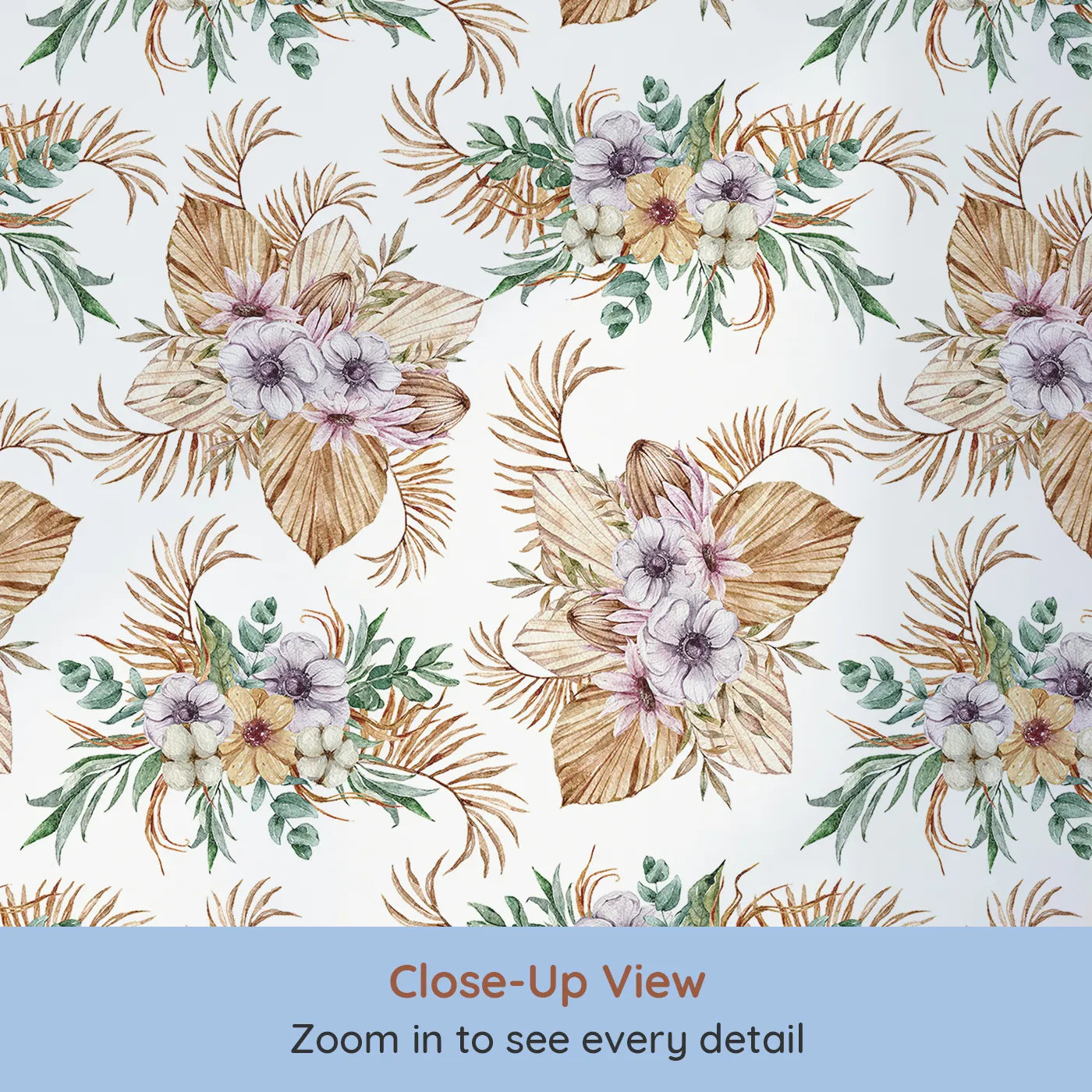 Close-up view of Whimsy Tots' Tropical Bloom Medley Wallpaper (W3299).Blush blooms, sun-dried leaves, and tropical greens dance in cozy harmony.