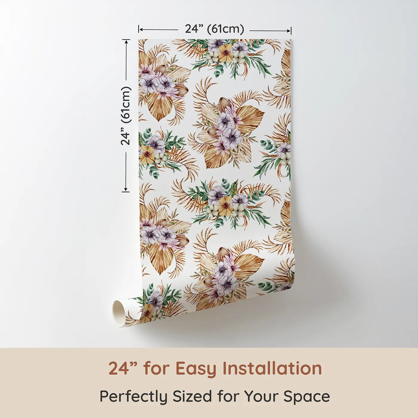 Dimension view of Whimsy Tots Tropical Bloom Medley Wallpaper (W3299). Printed in 24-inch-wide panel for easy installation. Blush blooms, sun-dried leaves, and tropical greens dance in cozy harmony.