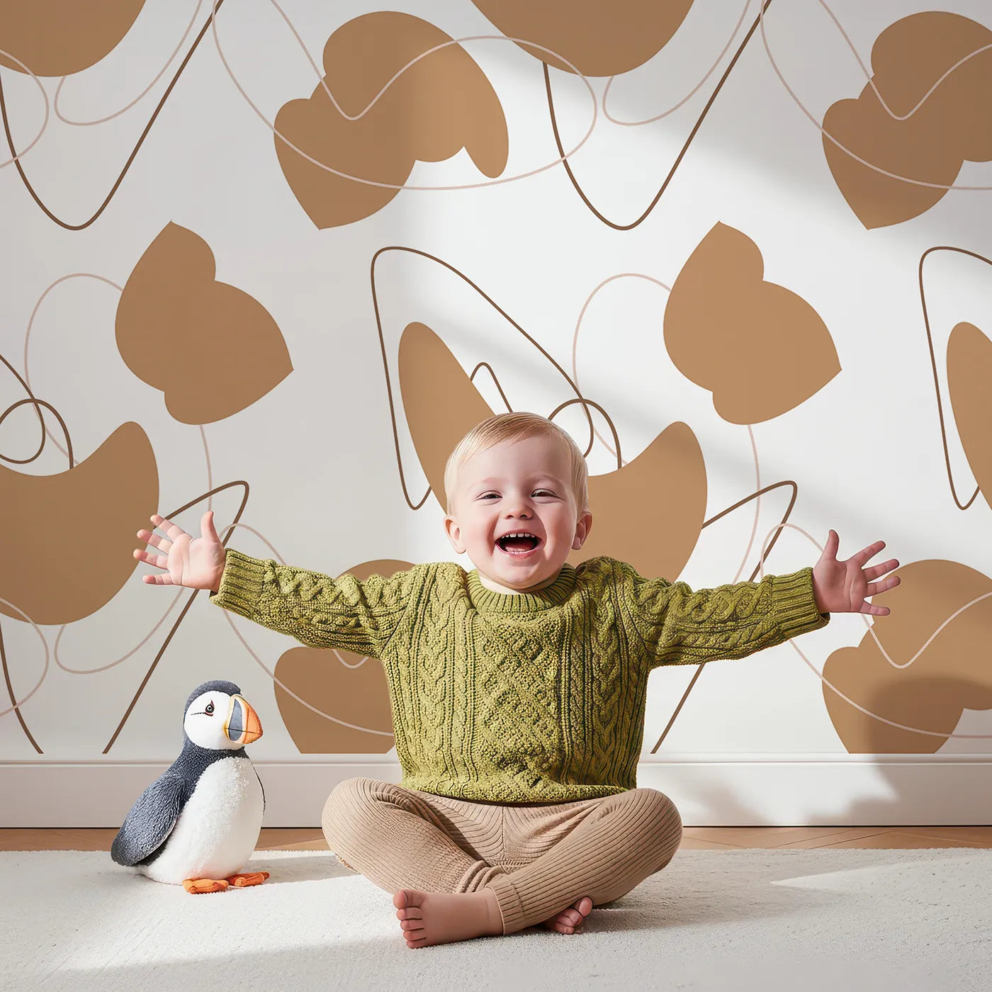 Lovely child standing in front of Whimsy Tots Terracotta Whimsy Lines Wallpaper with shape, line, curve, abstract in design.