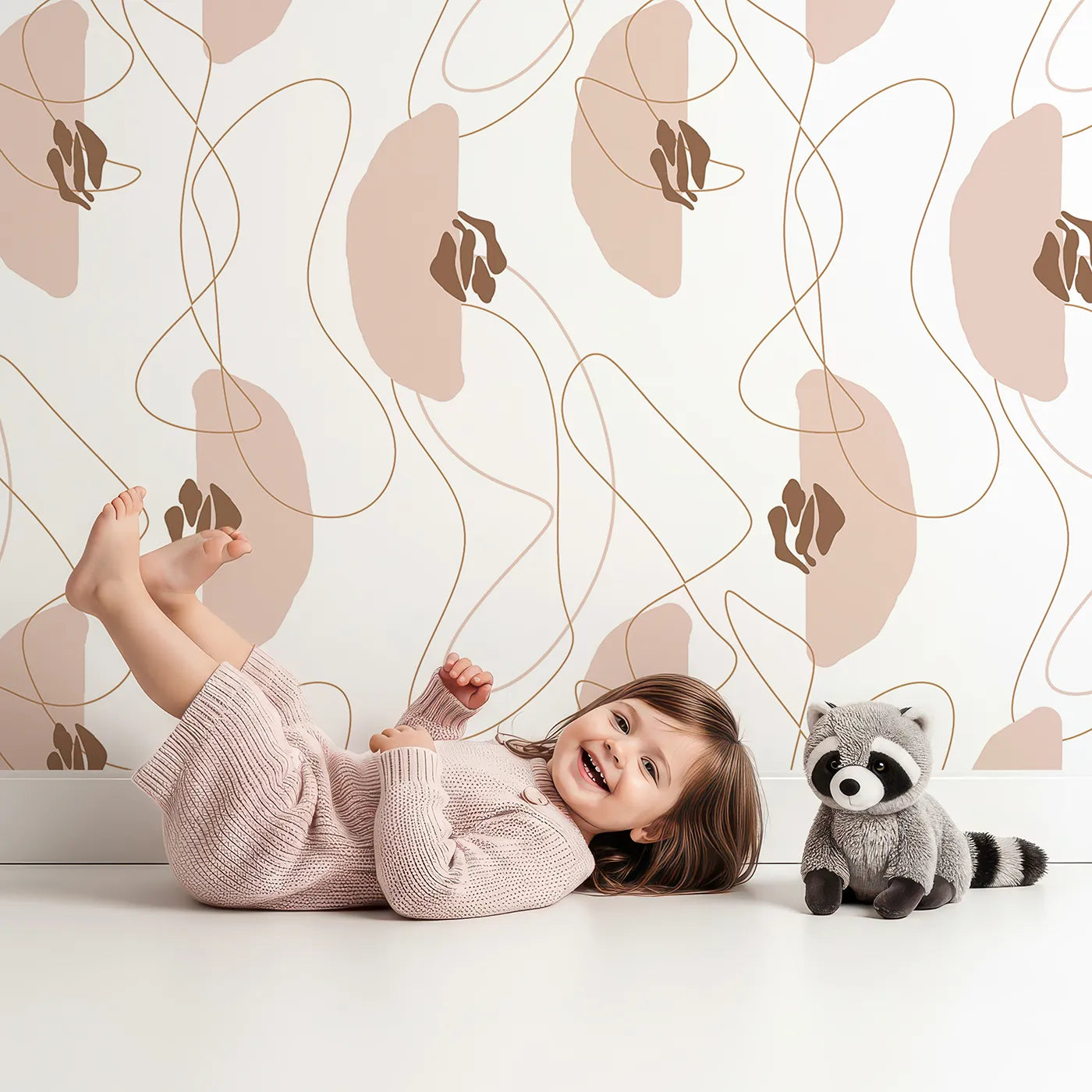 Lovely child standing in front of Whimsy Tots Desert Whimsy Scribbles II Wallpaper with shape, line, blob, abstract in design.