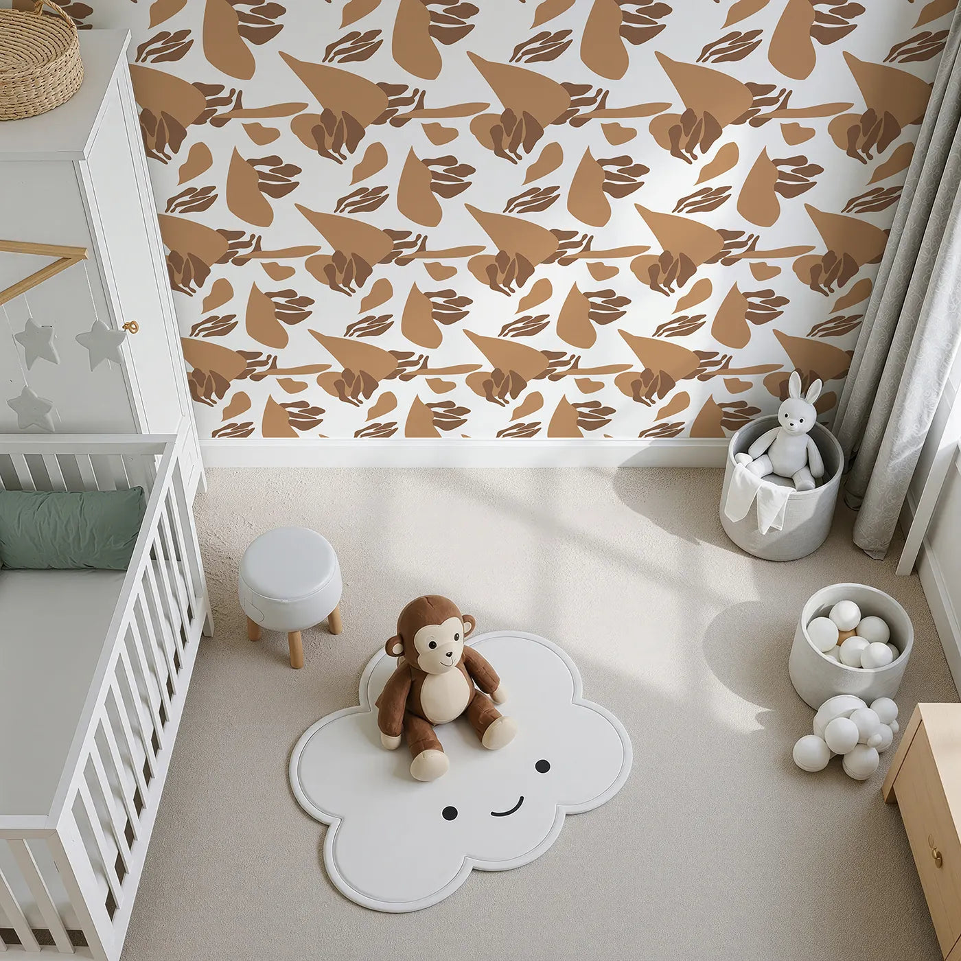 Top-Down view of Whimsy Tots' Abstract Desert Pods Wallpaper (W3310).Curved pods and seed-like shapes bring natural rhythm and intrigue.