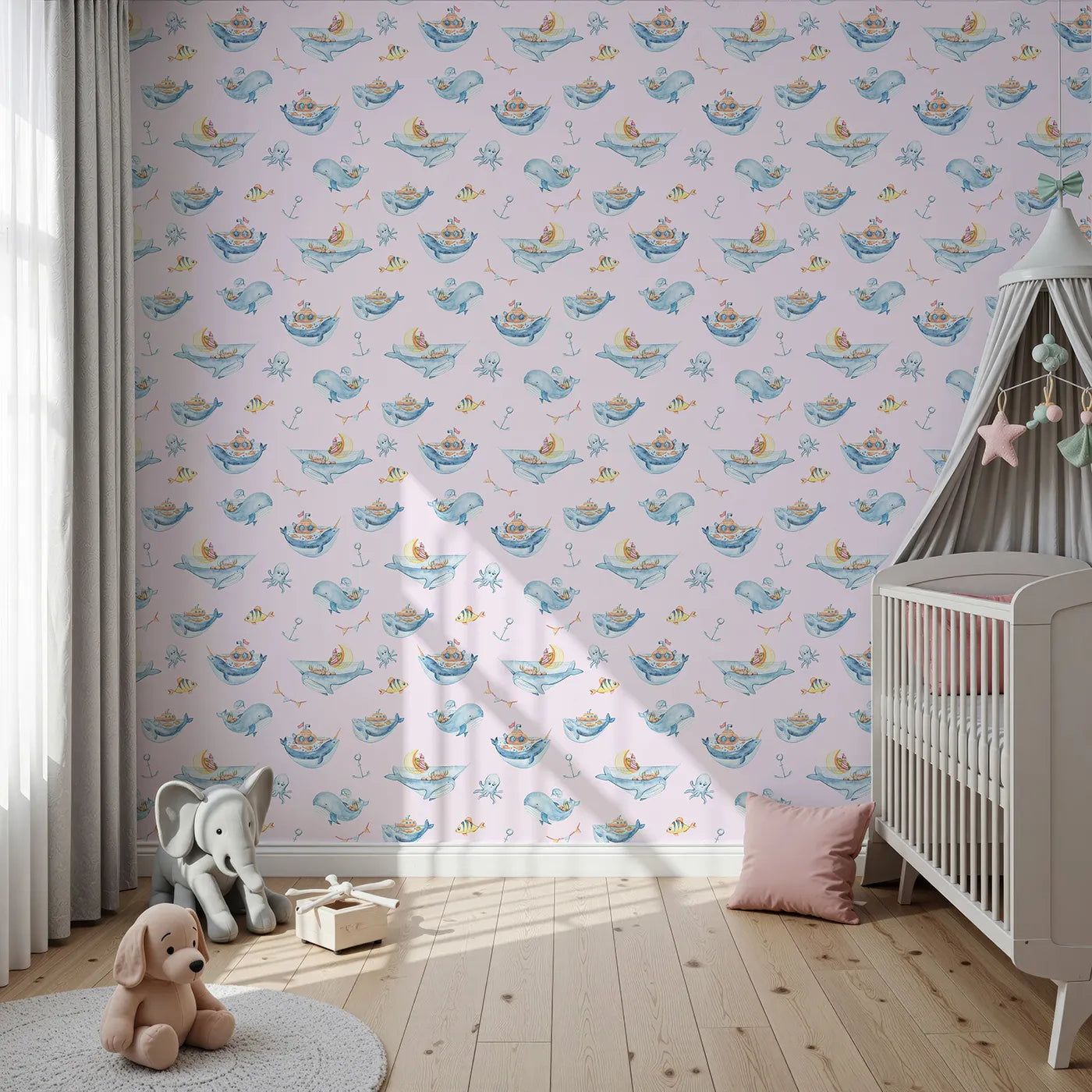 Front view of Whimsy Tots' Whale Submarine Adventure Wallpaper in Blush Pink