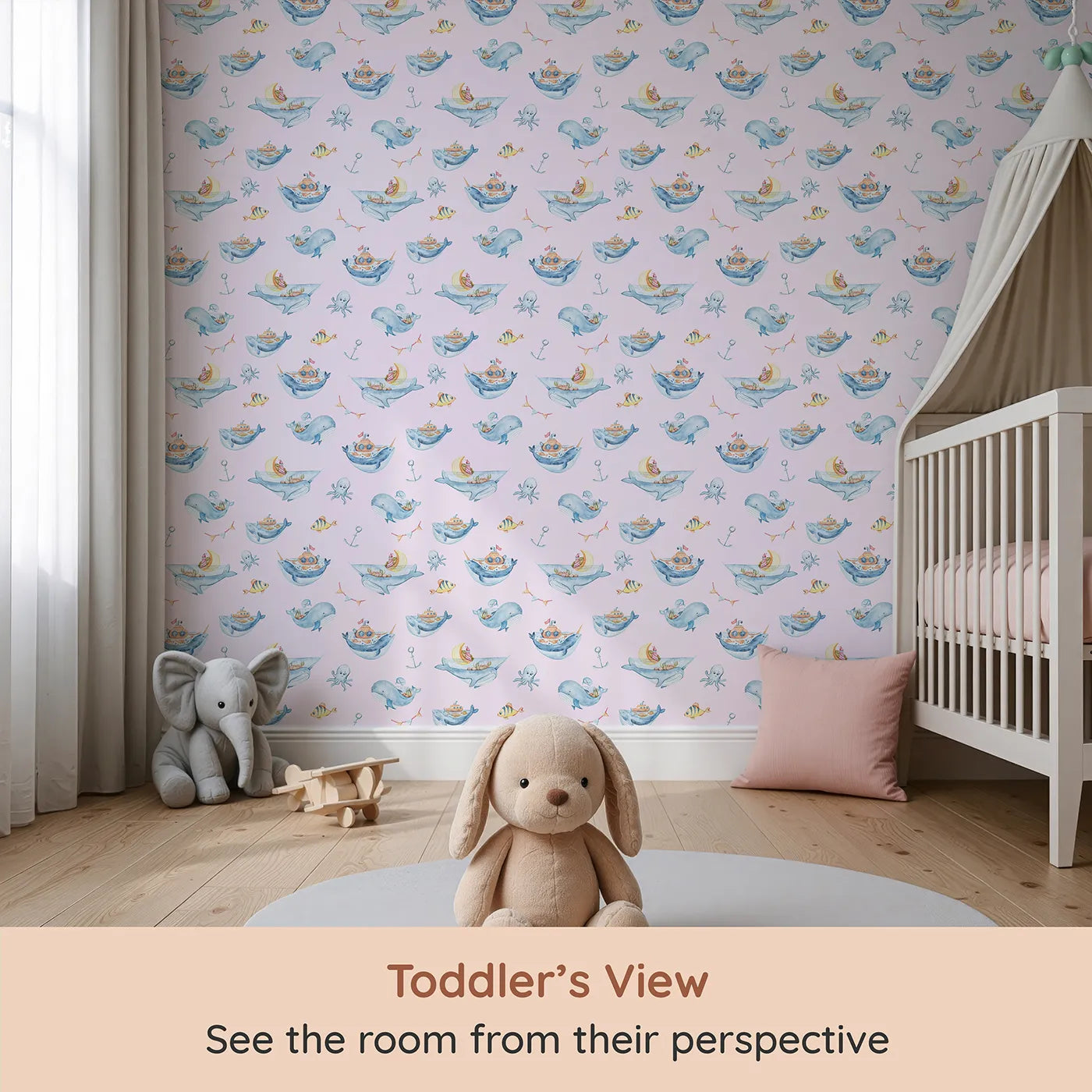 Whimsy Tots Whale Submarine Adventure Wallpaper in Blush Pink (W3312B) from your child's view.Whales and submarines sail young minds toward endless stories.