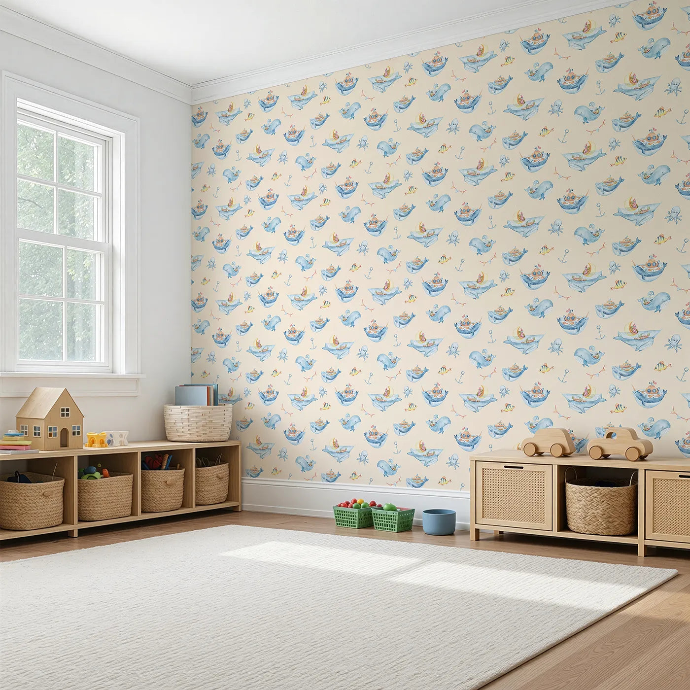 Angled view of Whimsy Tots' Whale Submarine Adventure Wallpaper in Beige (W3312C).Whales and submarines sail young minds toward endless stories.