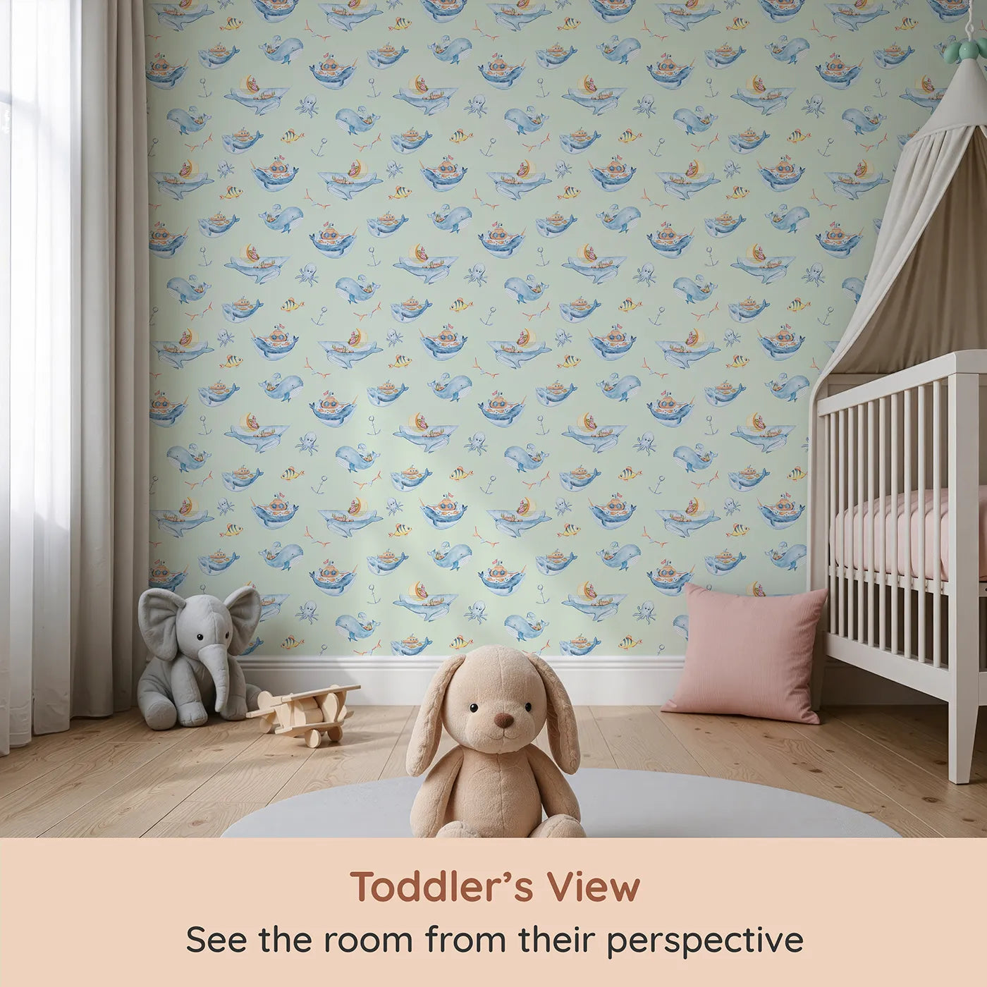 Whimsy Tots Whale Submarine Adventure Wallpaper in Mint Green (W3312D) from your child's view.Whales and submarines sail young minds toward endless stories.