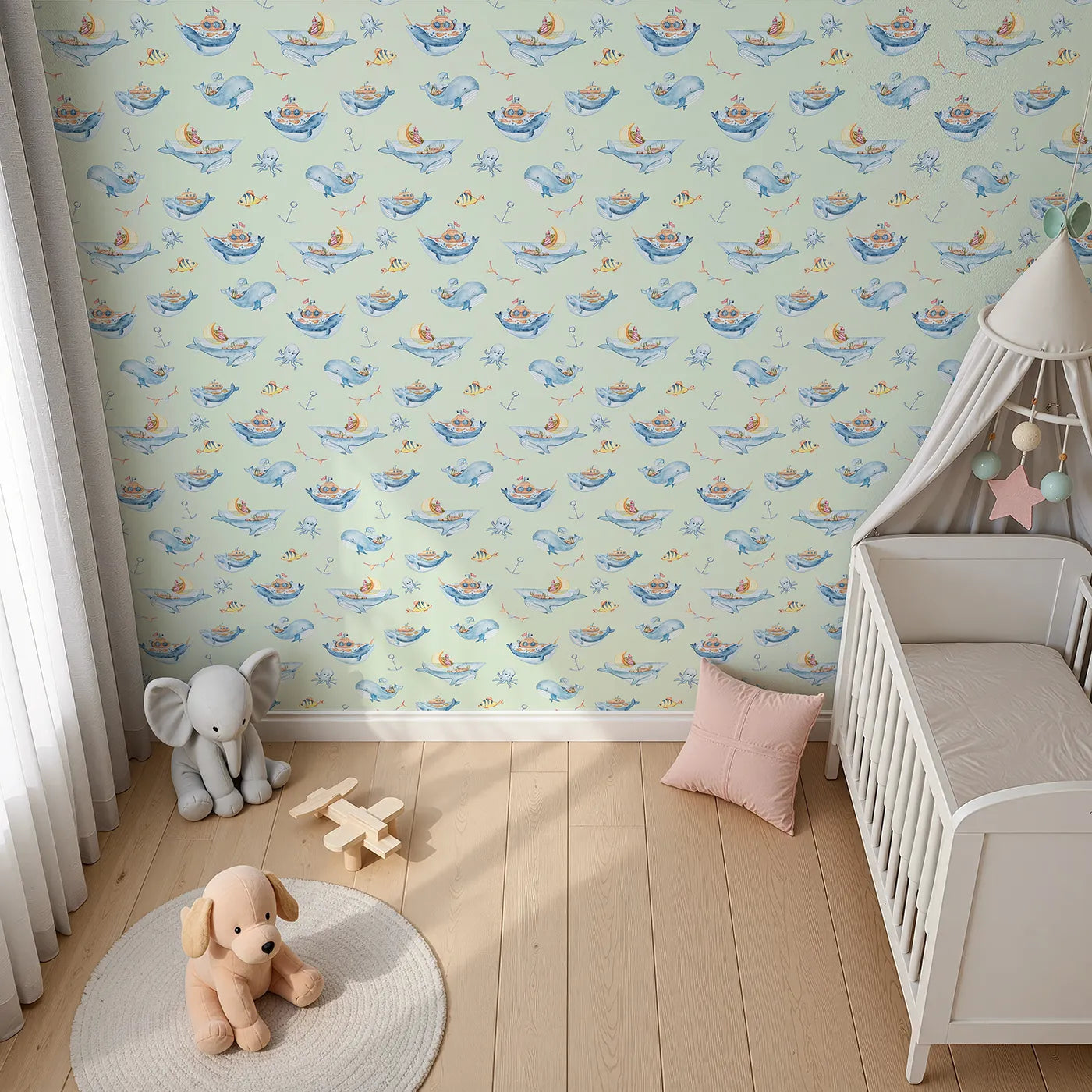 Top-Down view of Whimsy Tots' Whale Submarine Adventure Wallpaper in Mint Green (W3312D).Whales and submarines sail young minds toward endless stories.
