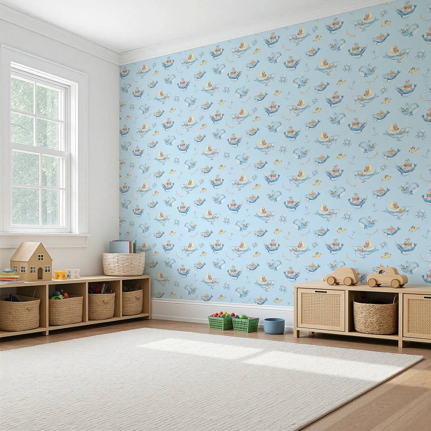 Angled view of Whimsy Tots' Whale Submarine Adventure Wallpaper in Sky Blue (W3312E).Whales and submarines sail young minds toward endless stories.