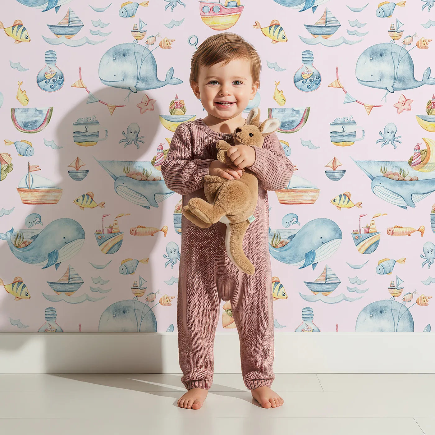 Lovely child standing in front of Whimsy Tots Whale Mail Wallpaper in Pink with whale, fish, octopus, boat, lighthouse, anchor, bird, mug, watermelon, letter in design.