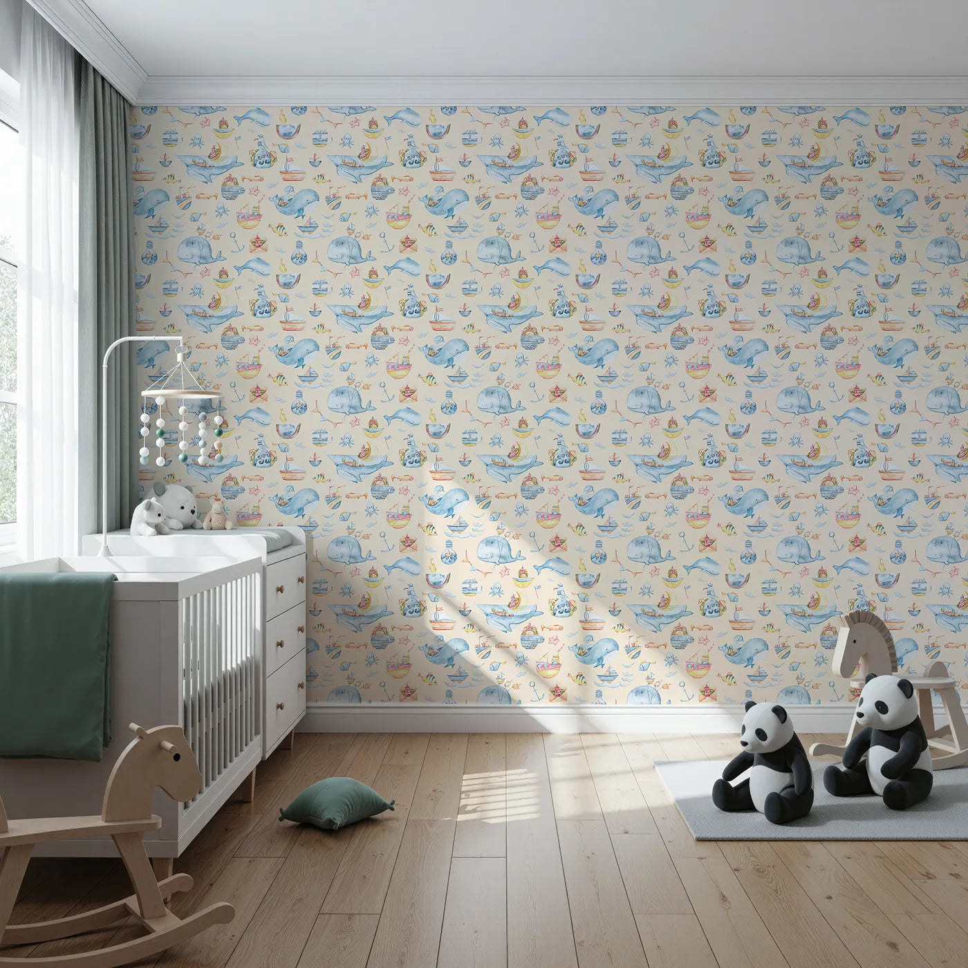 Front view of Whimsy Tots' Whale Mail Wallpaper in Peach