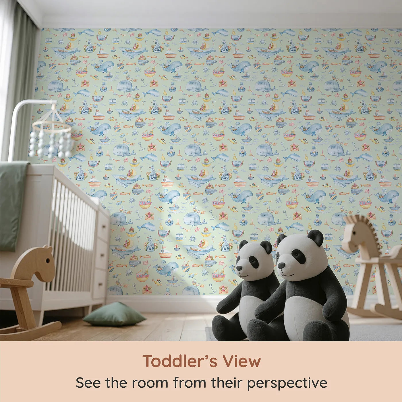 Whimsy Tots Whale Mail Wallpaper in Mint Green (W3313D) from your child's view.Whales carry ocean treasures across fresh minty skies.