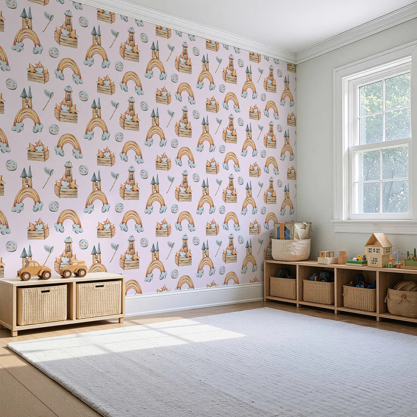 Angled view of Whimsy Tots' Rainbow Castle Dreams Wallpaper in Pink (W3314B).Smiling moons and cozy castles float among pastel dreams.