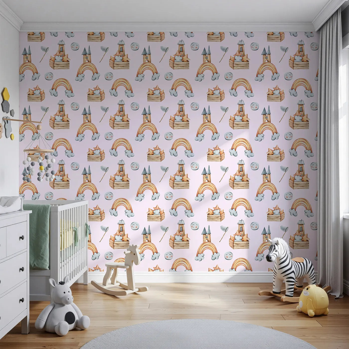 Front view of Whimsy Tots' Rainbow Castle Dreams Wallpaper in Pink