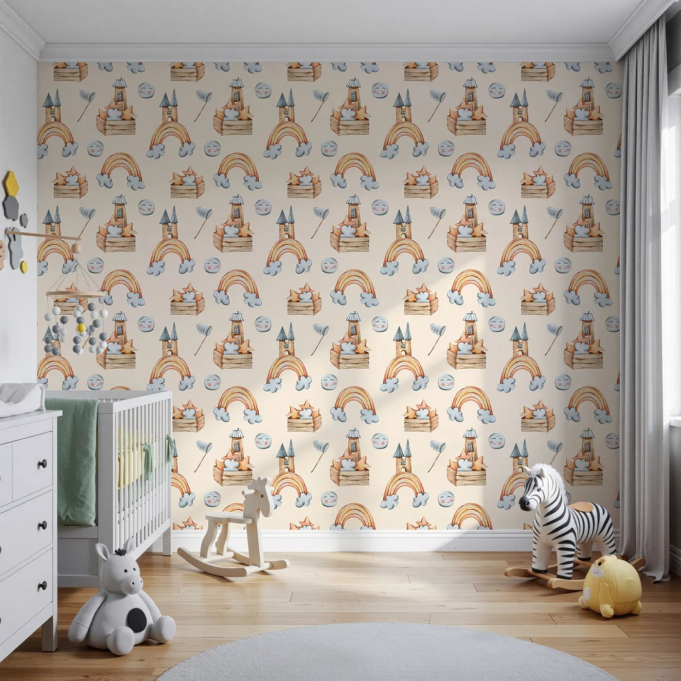 Front view of Whimsy Tots' Rainbow Castle Dreams Wallpaper in Peach