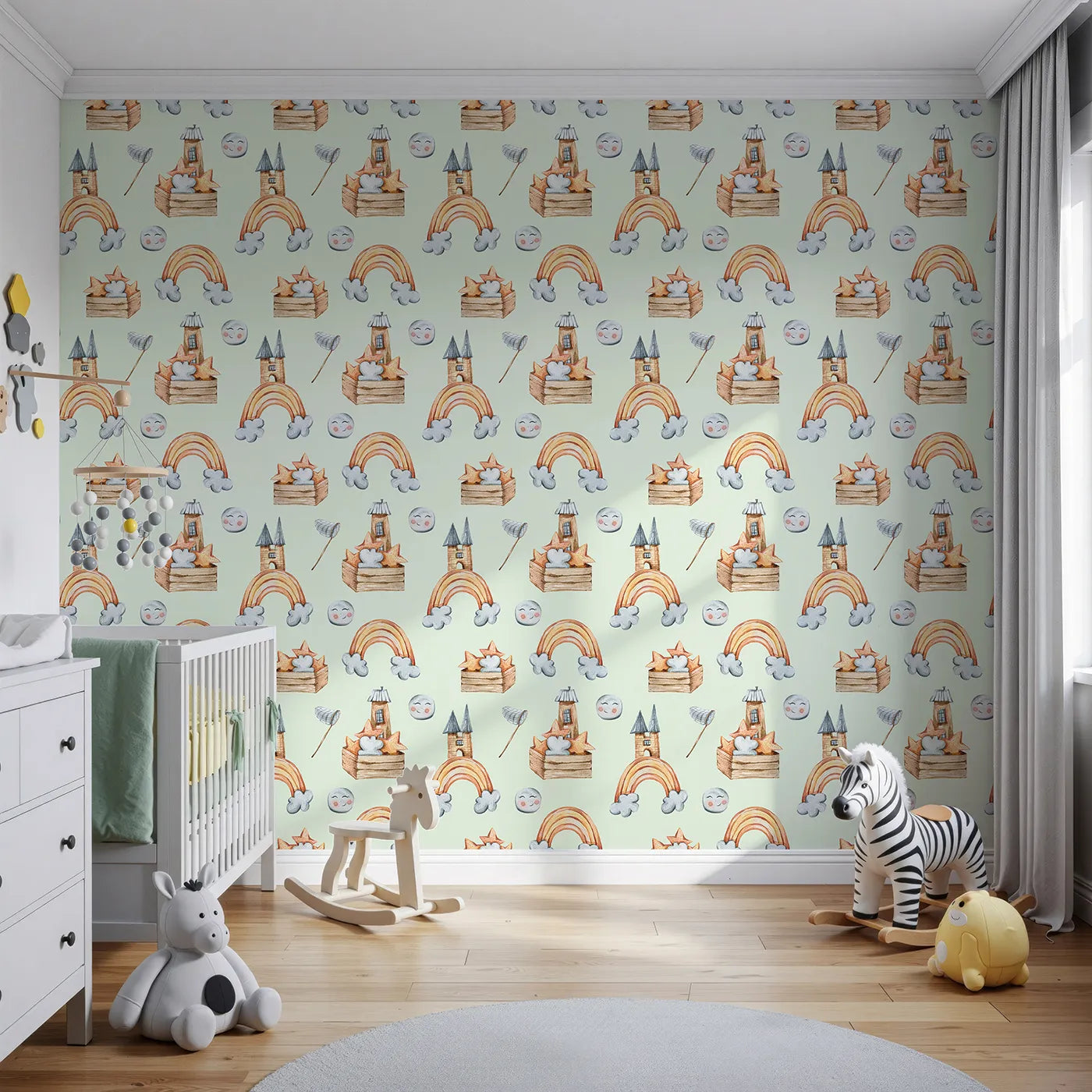Front view of Whimsy Tots' Rainbow Castle Dreams Wallpaper in Mint Green