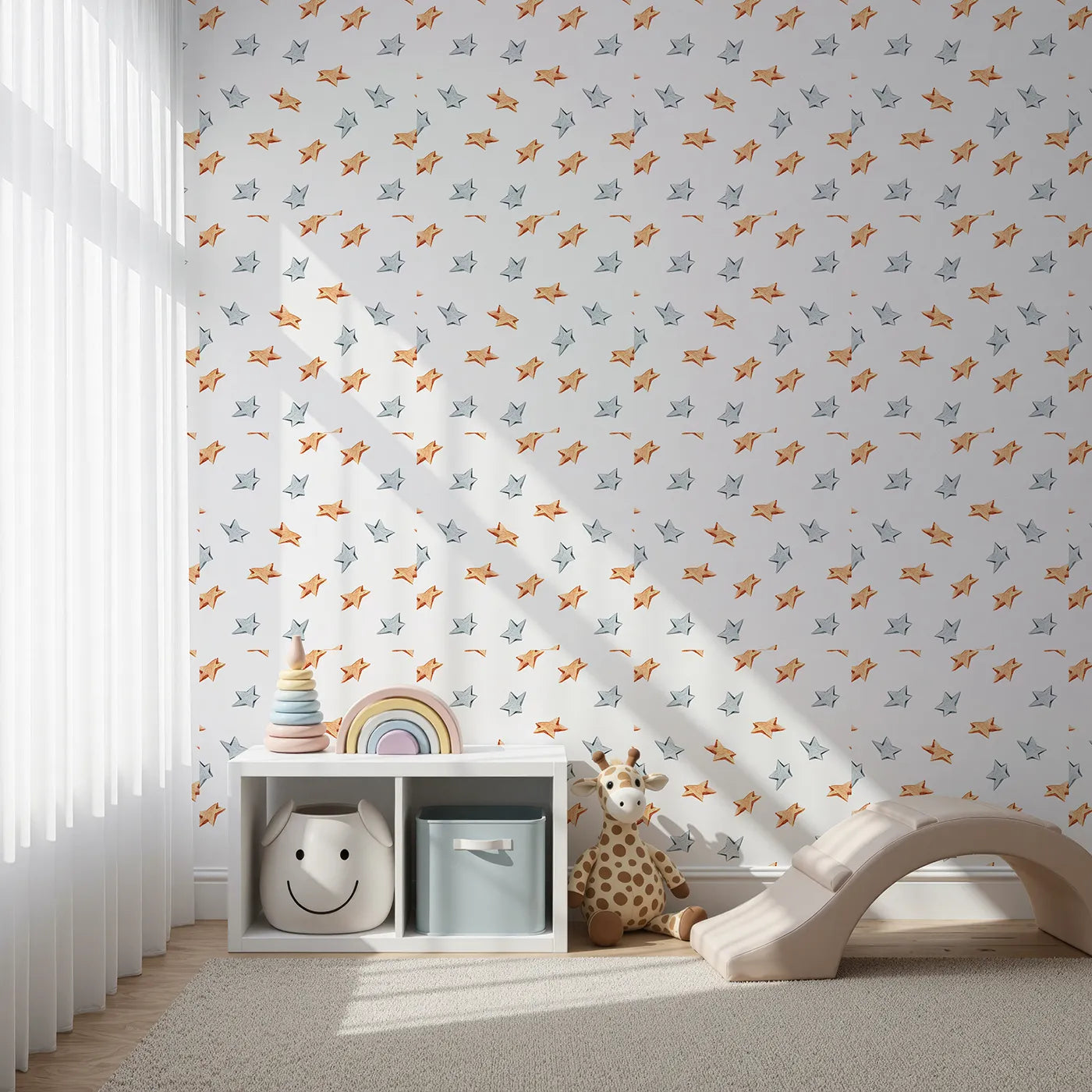 Front view of Whimsy Tots' Wooden Star Sprinkle Wallpaper in White