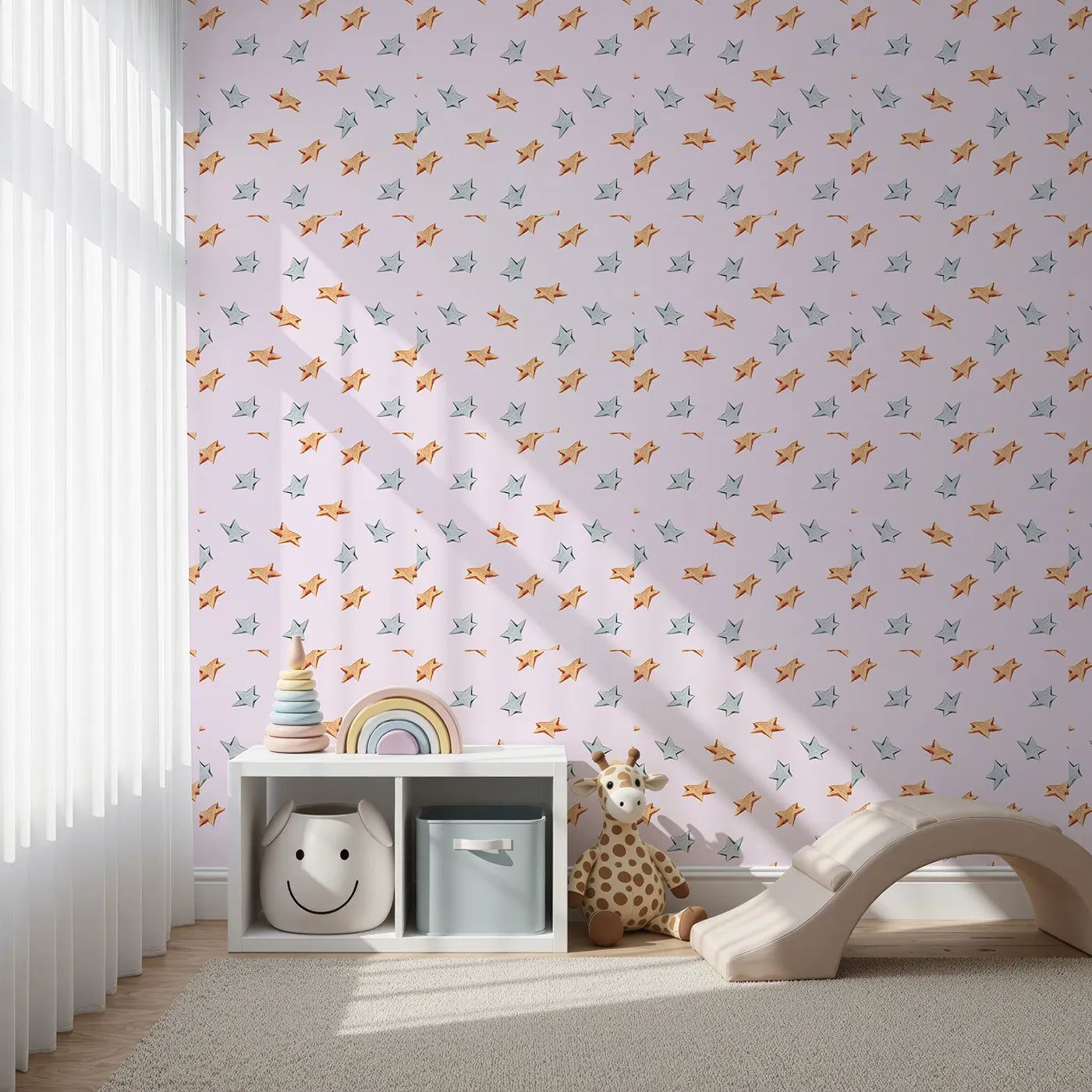 Front view of Whimsy Tots' Wooden Star Sprinkle Wallpaper in Pink