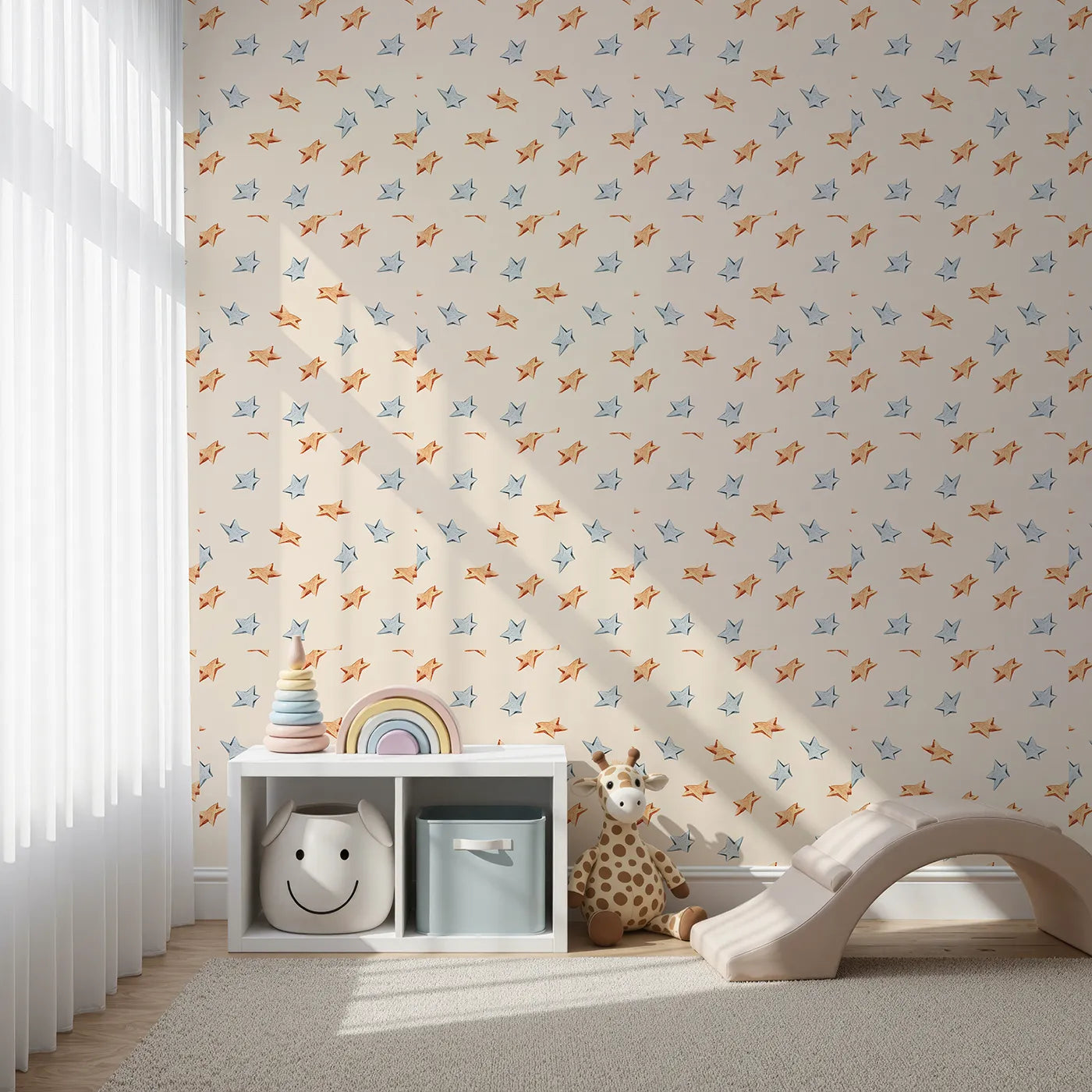 Front view of Whimsy Tots' Wooden Star Sprinkle Wallpaper in Beige