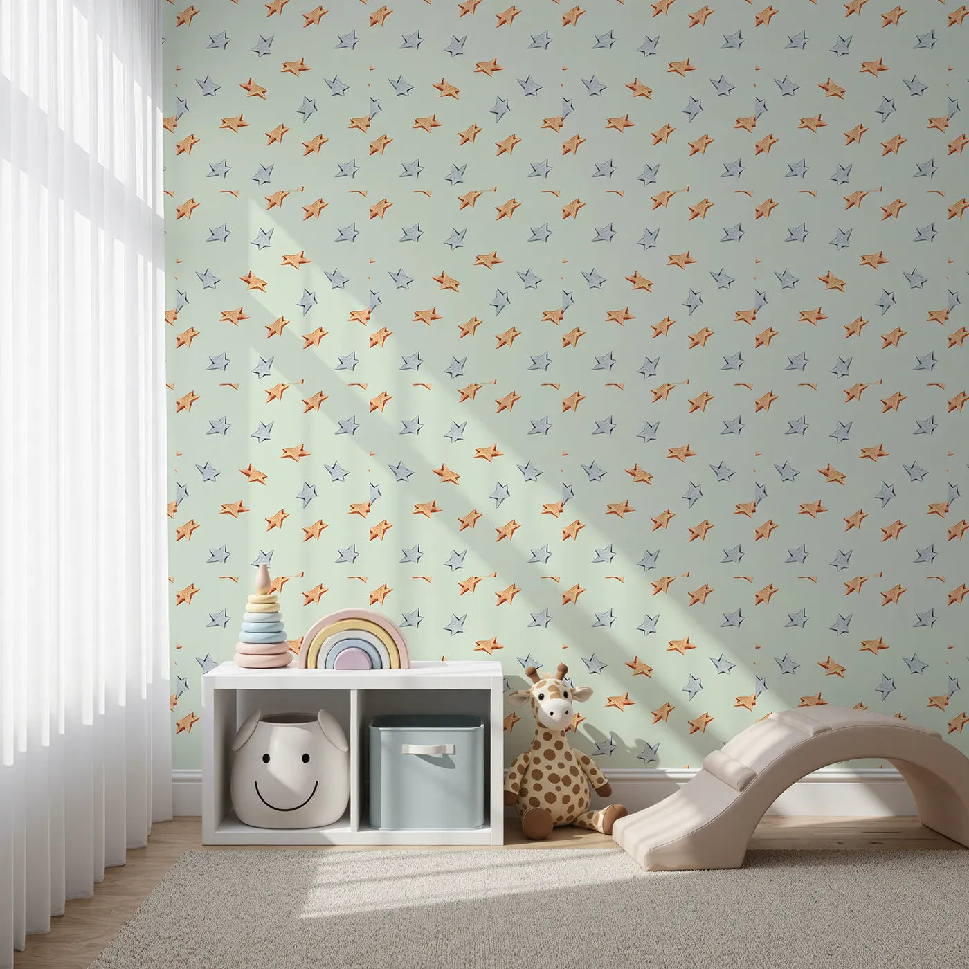 Front view of Whimsy Tots' Wooden Star Sprinkle Wallpaper in Mint Green