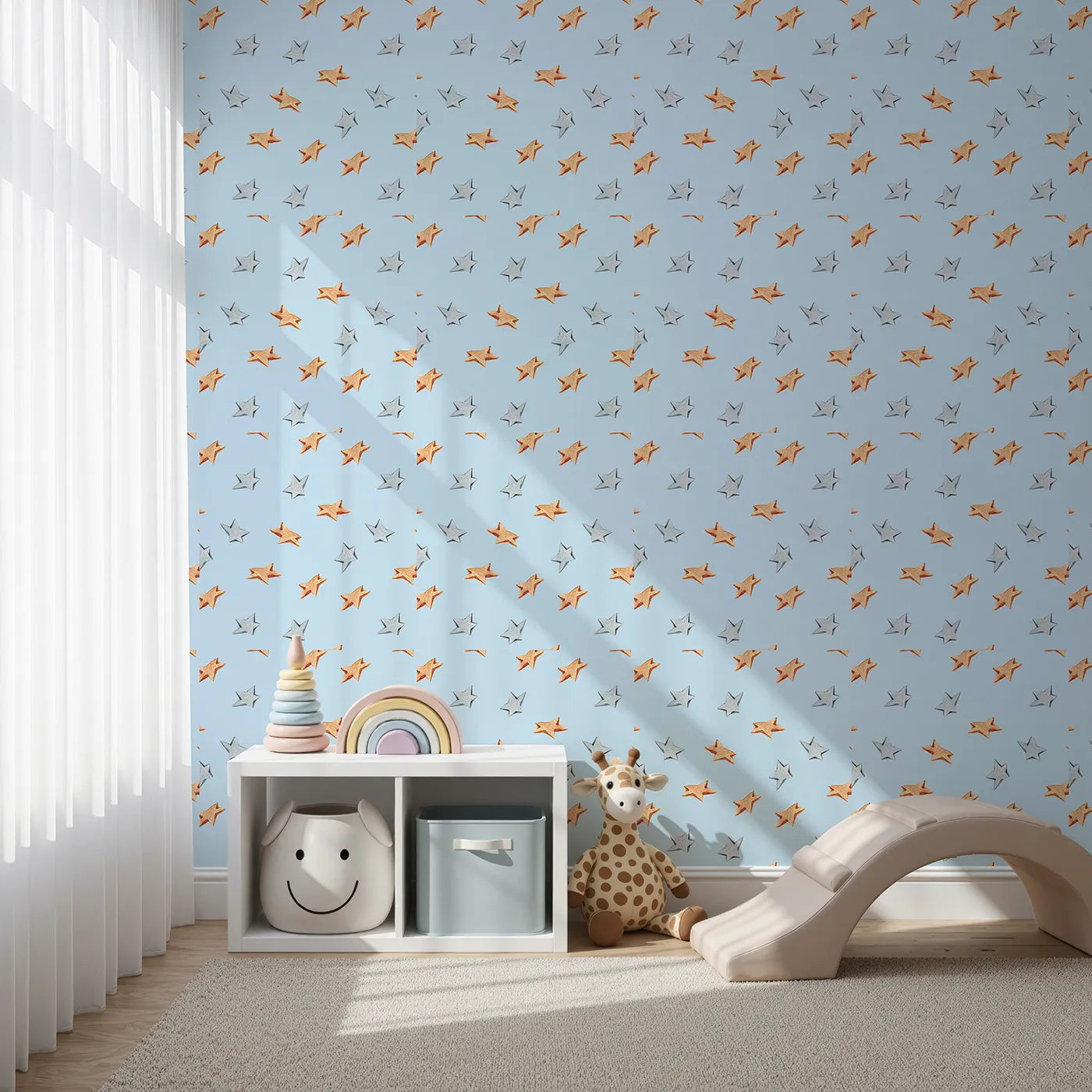 Front view of Whimsy Tots' Wooden Star Sprinkle Wallpaper in Blue
