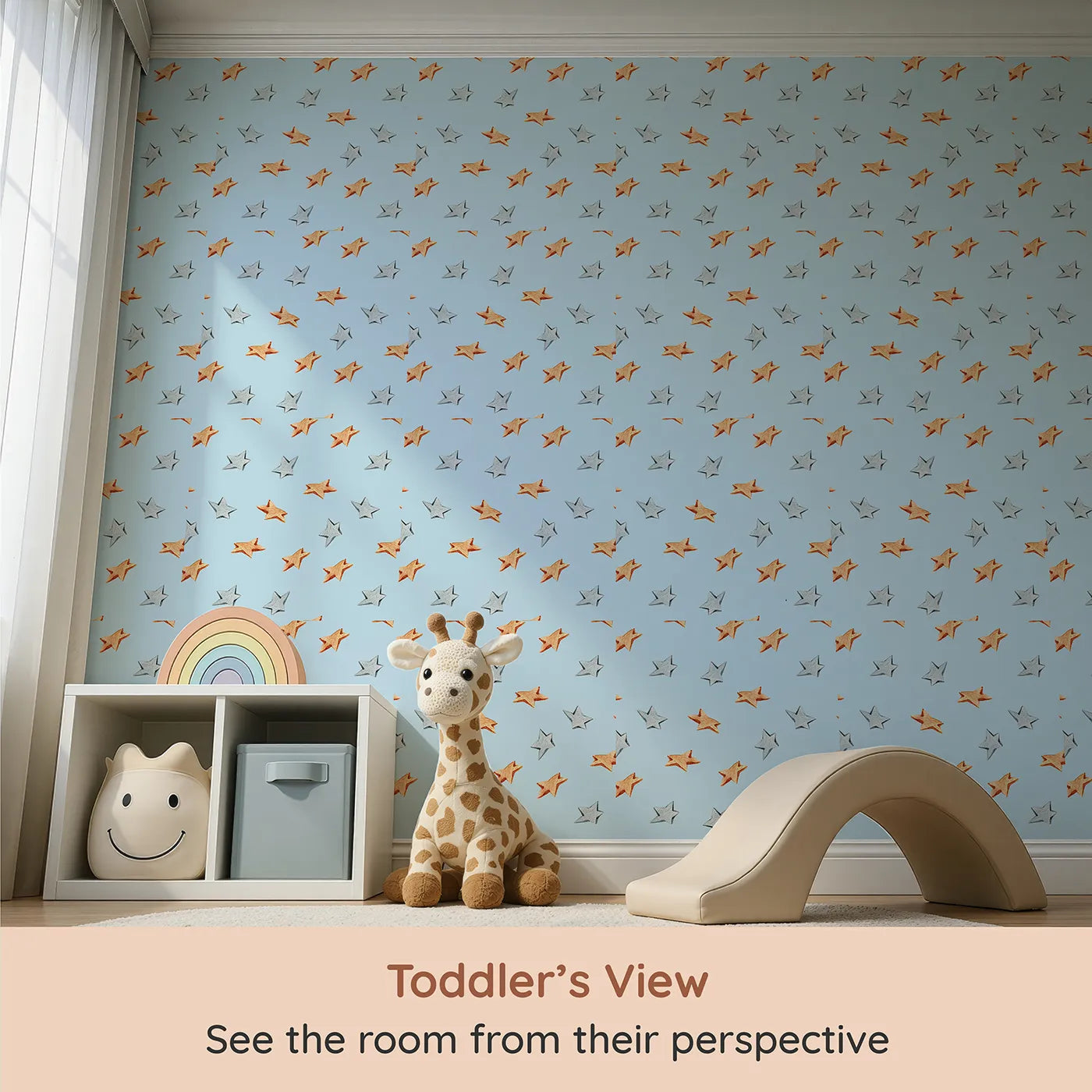 Whimsy Tots Wooden Star Sprinkle Wallpaper in Blue (W3315E) from your child's view.Orange and silver stars float peacefully across soft blue skies.