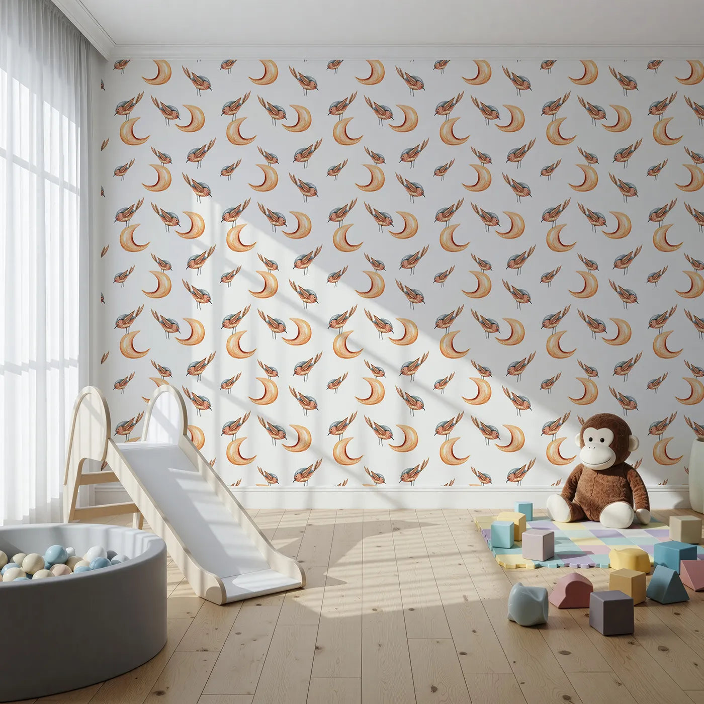 Front view of Whimsy Tots' Moon Perch Birds Wallpaper in White