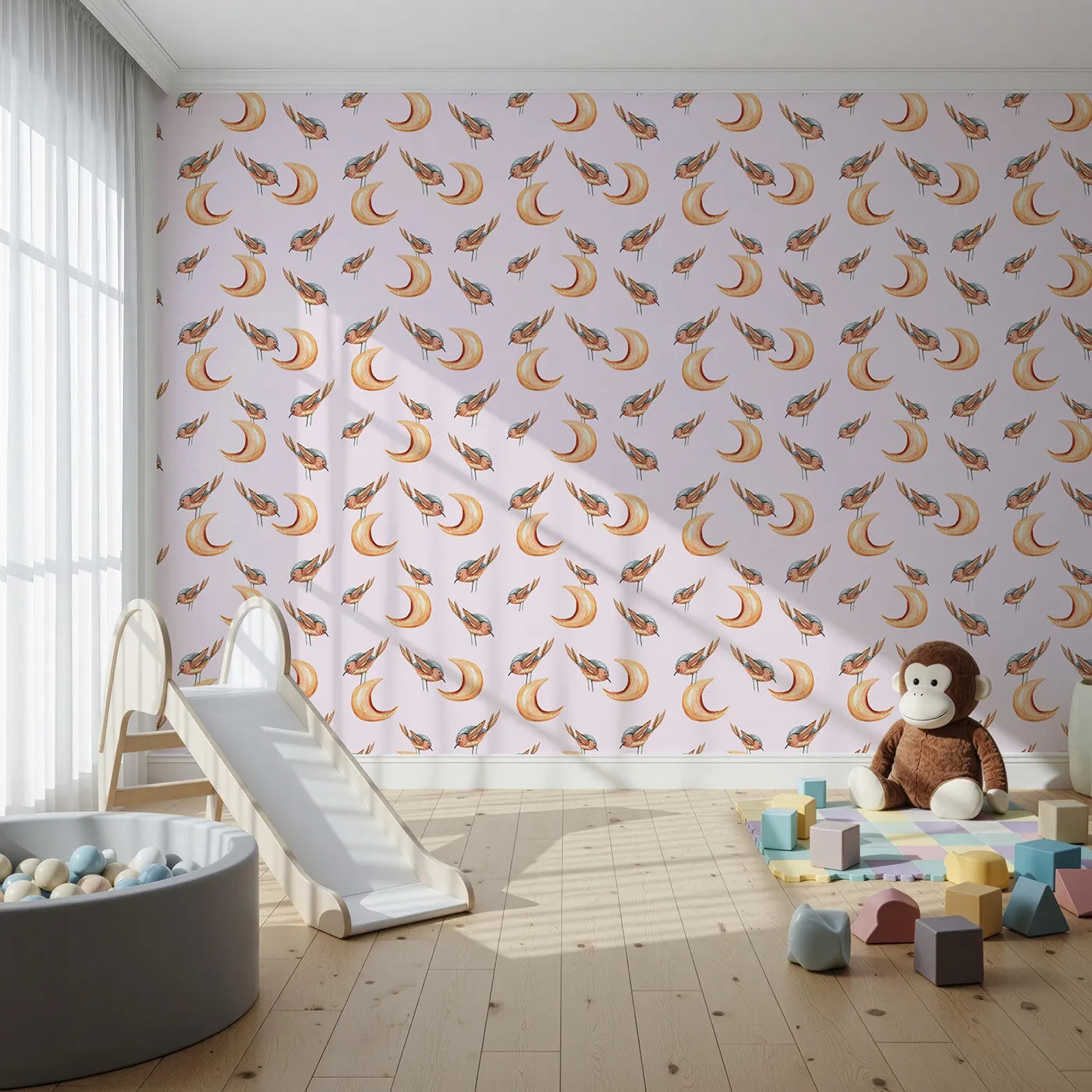 Front view of Whimsy Tots' Moon Perch Birds Wallpaper in Pink