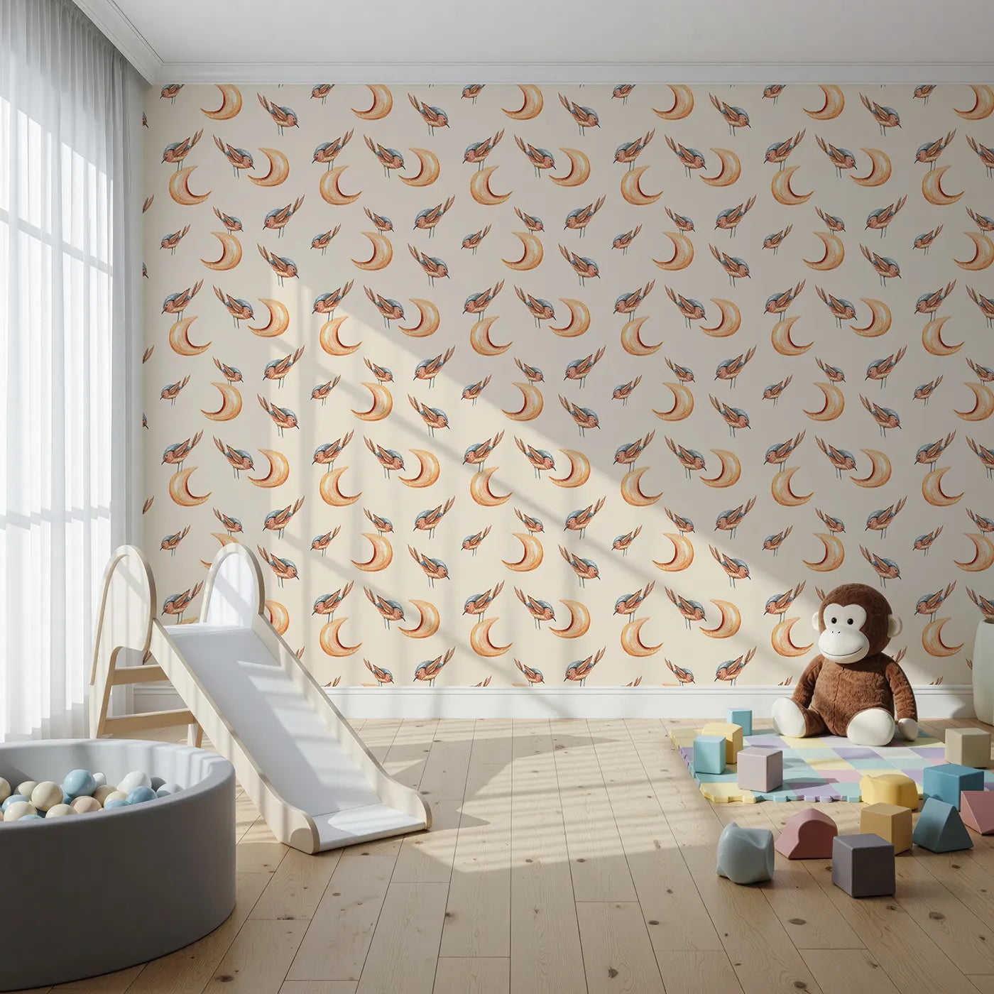 Front view of Whimsy Tots' Moon Perch Birds Wallpaper in Beige