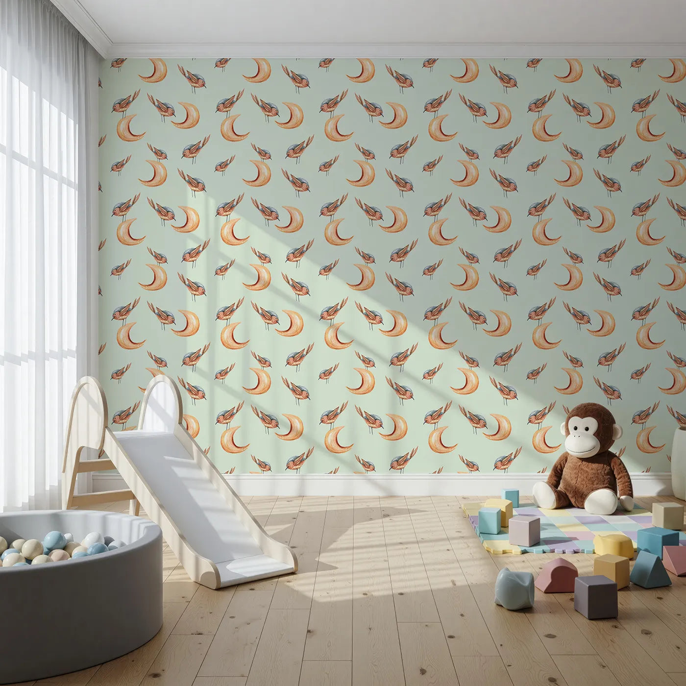Front view of Whimsy Tots' Moon Perch Birds Wallpaper in Mint Green