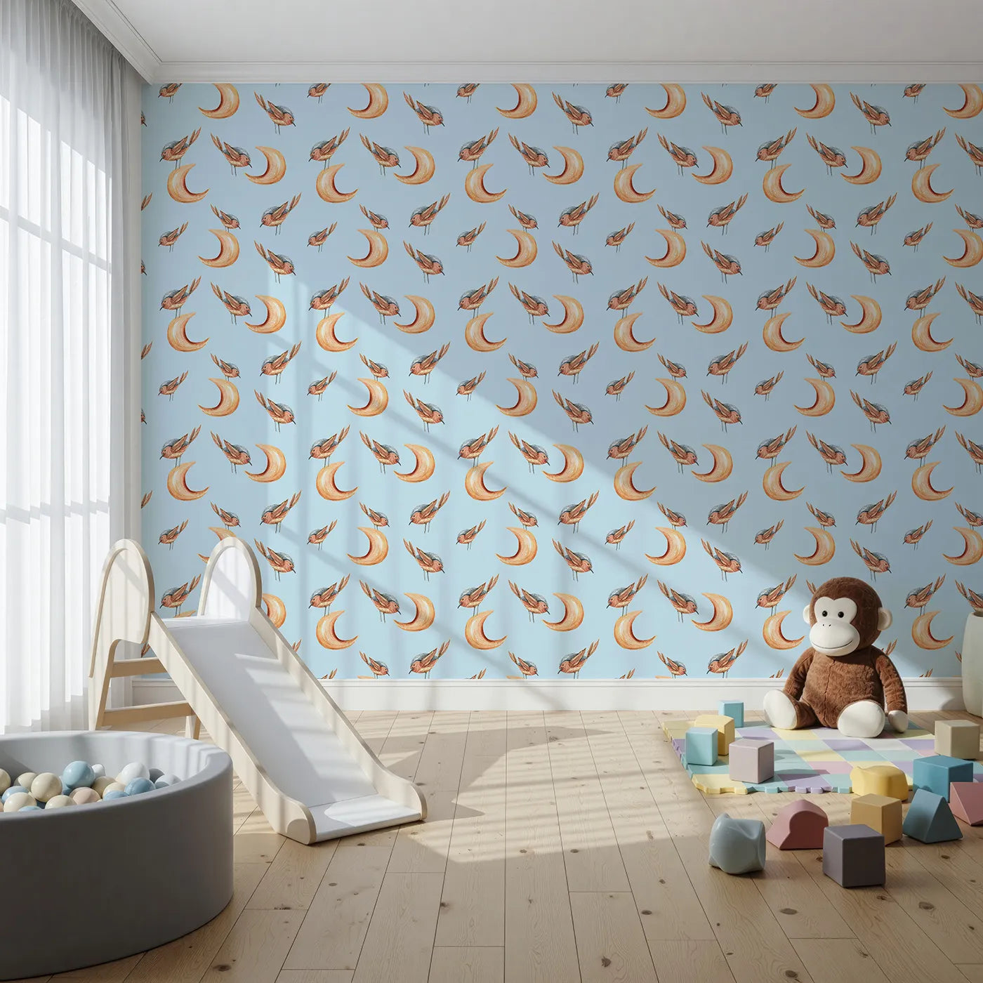Front view of Whimsy Tots' Moon Perch Birds Wallpaper in Blue