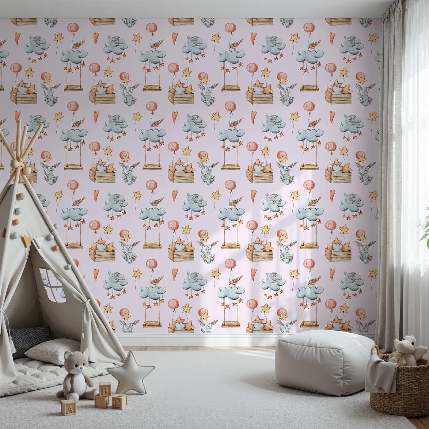 Front view of Whimsy Tots' Dreamland Friends Wallpaper in Pink