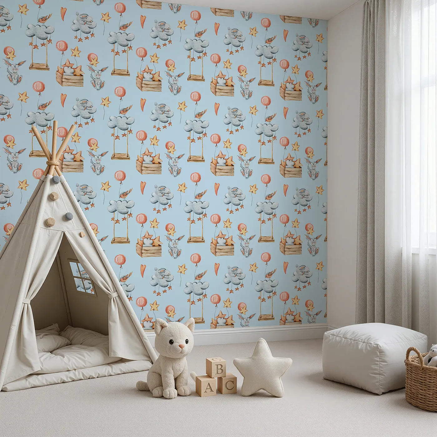 Angled view of Whimsy Tots' Dreamland Friends Wallpaper in Blue (W3317E).Bunnies, birds, clouds and balloons float above a dreamy blue world.