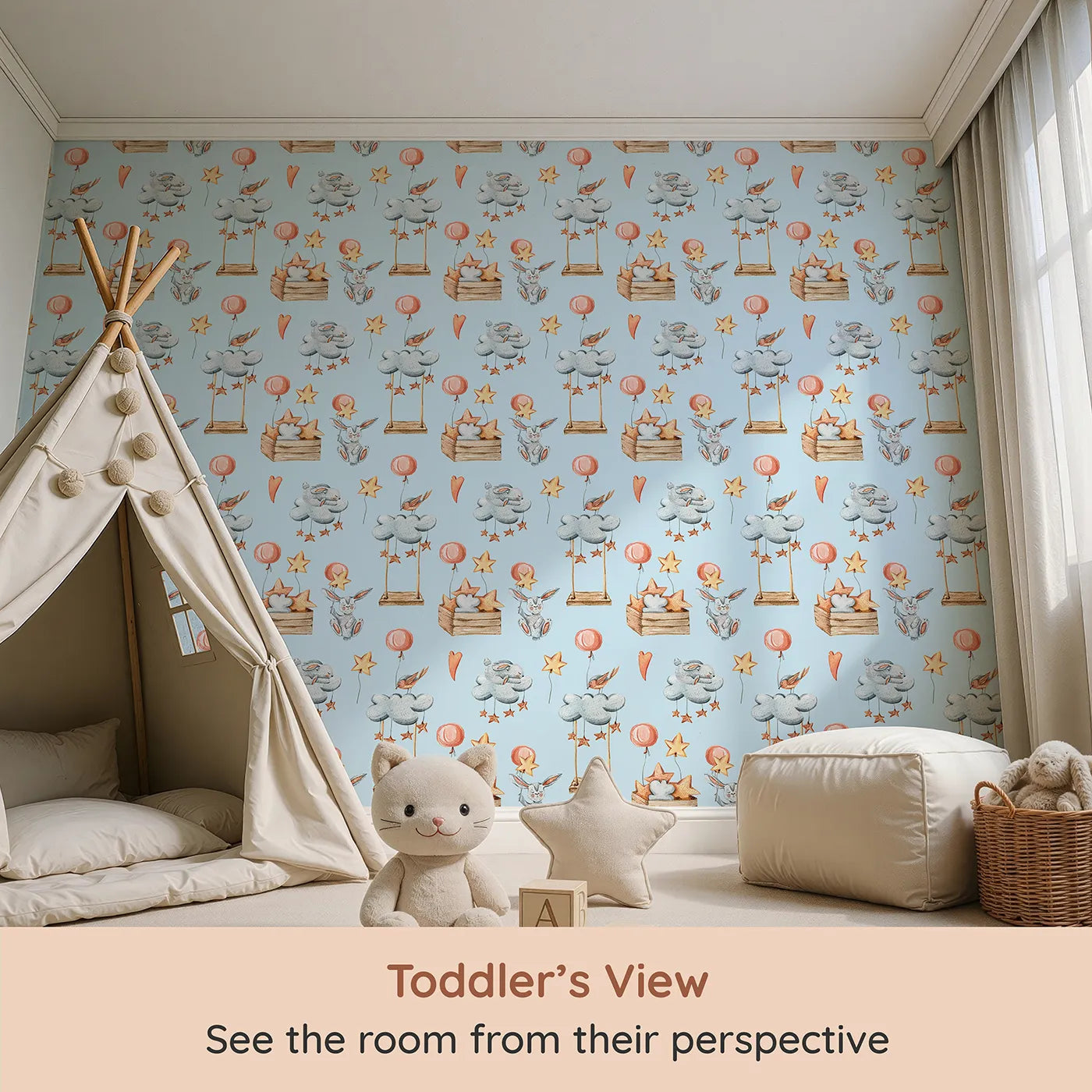 Whimsy Tots Dreamland Friends Wallpaper in Blue (W3317E) from your child's view.Bunnies, birds, clouds and balloons float above a dreamy blue world.