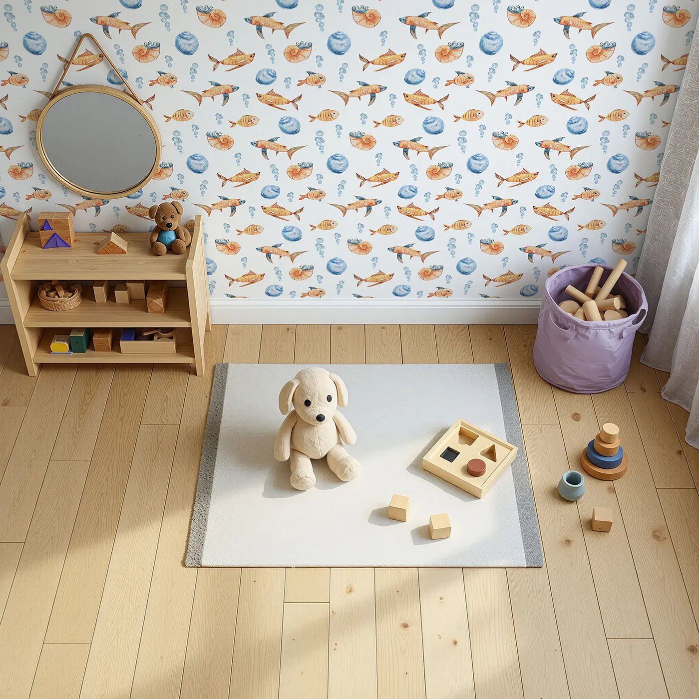 Top-Down view of Whimsy Tots' Undersea Bubble Friends Wallpaper in White (W3318A).Friendly orange fish swim with shells and bubbles in a bright white sea.
