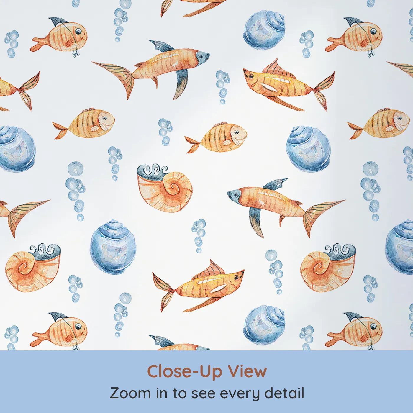 Close-up view of Whimsy Tots' Undersea Bubble Friends Wallpaper in White (W3318A).Friendly orange fish swim with shells and bubbles in a bright white sea.