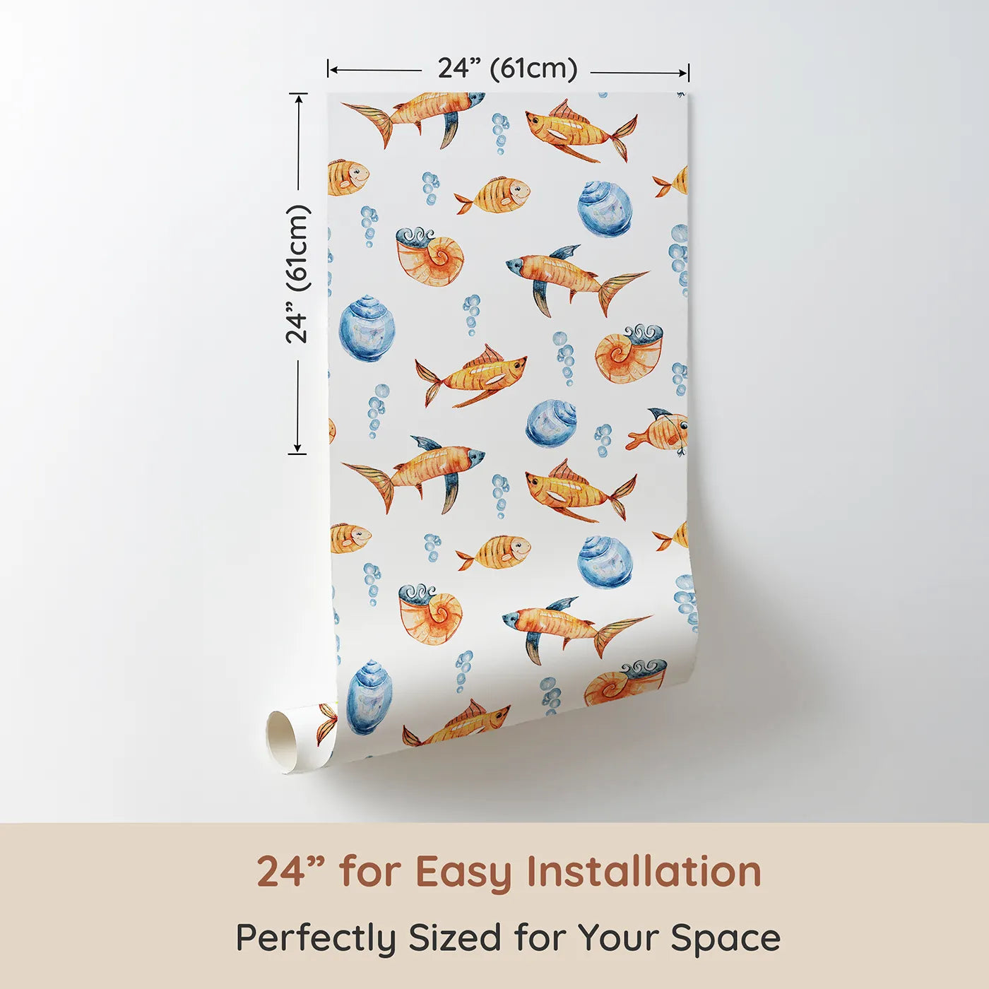 Dimension view of Whimsy Tots Undersea Bubble Friends Wallpaper in White (W3318A). Printed in 24-inch-wide panel for easy installation. Friendly orange fish swim with shells and bubbles in a bright white sea.