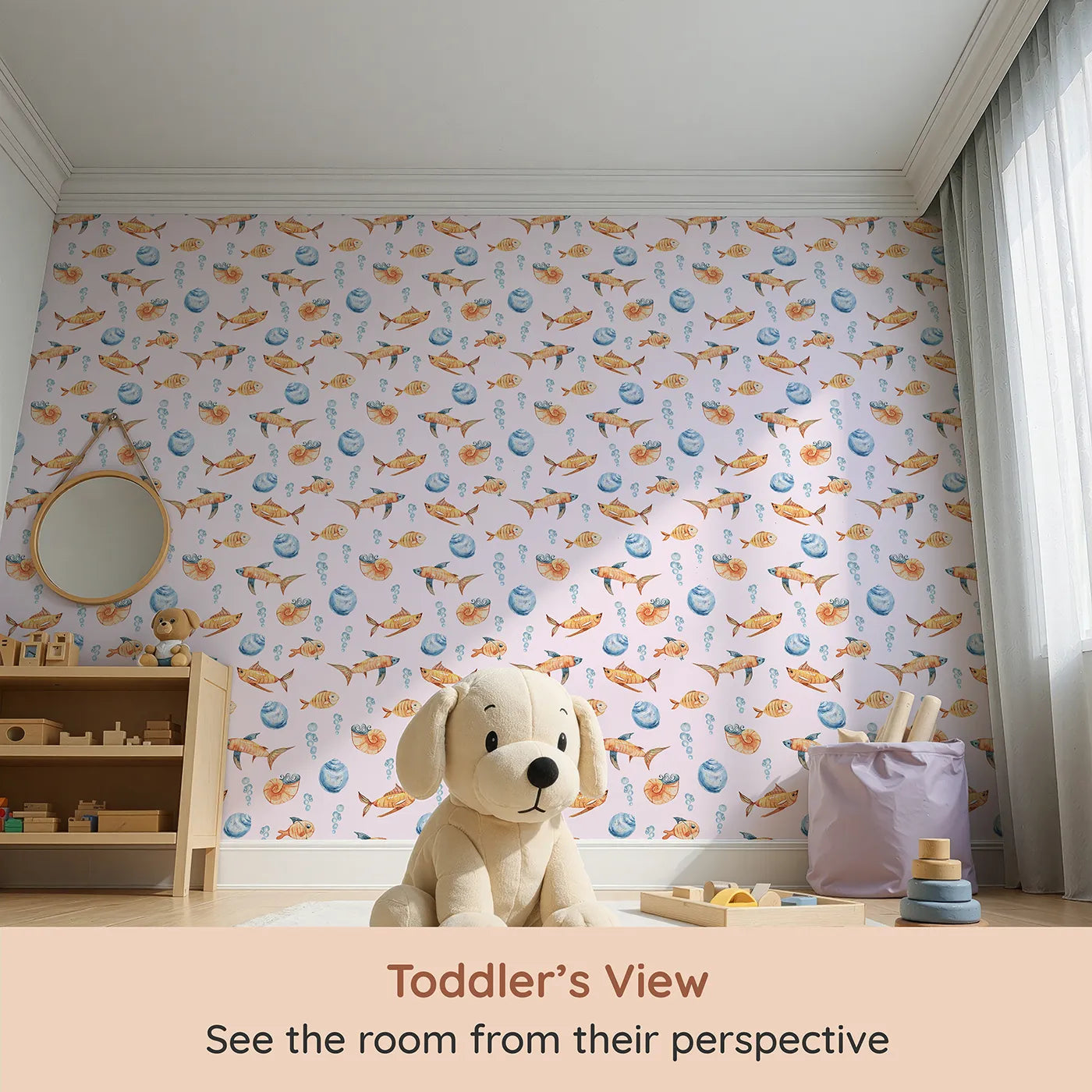 Whimsy Tots Undersea Bubble Friends Wallpaper in Pink (W3318B) from your child's view.Smiling fish and seashells dance through soft pink seas.