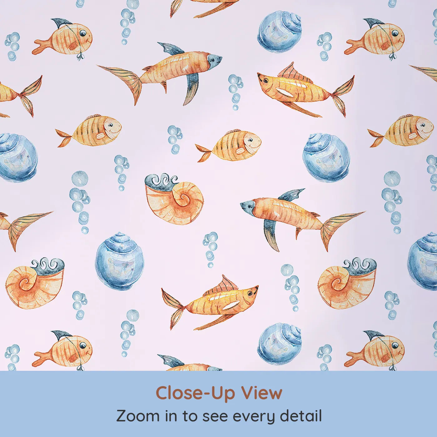 Close-up view of Whimsy Tots' Undersea Bubble Friends Wallpaper in Pink (W3318B).Smiling fish and seashells dance through soft pink seas.