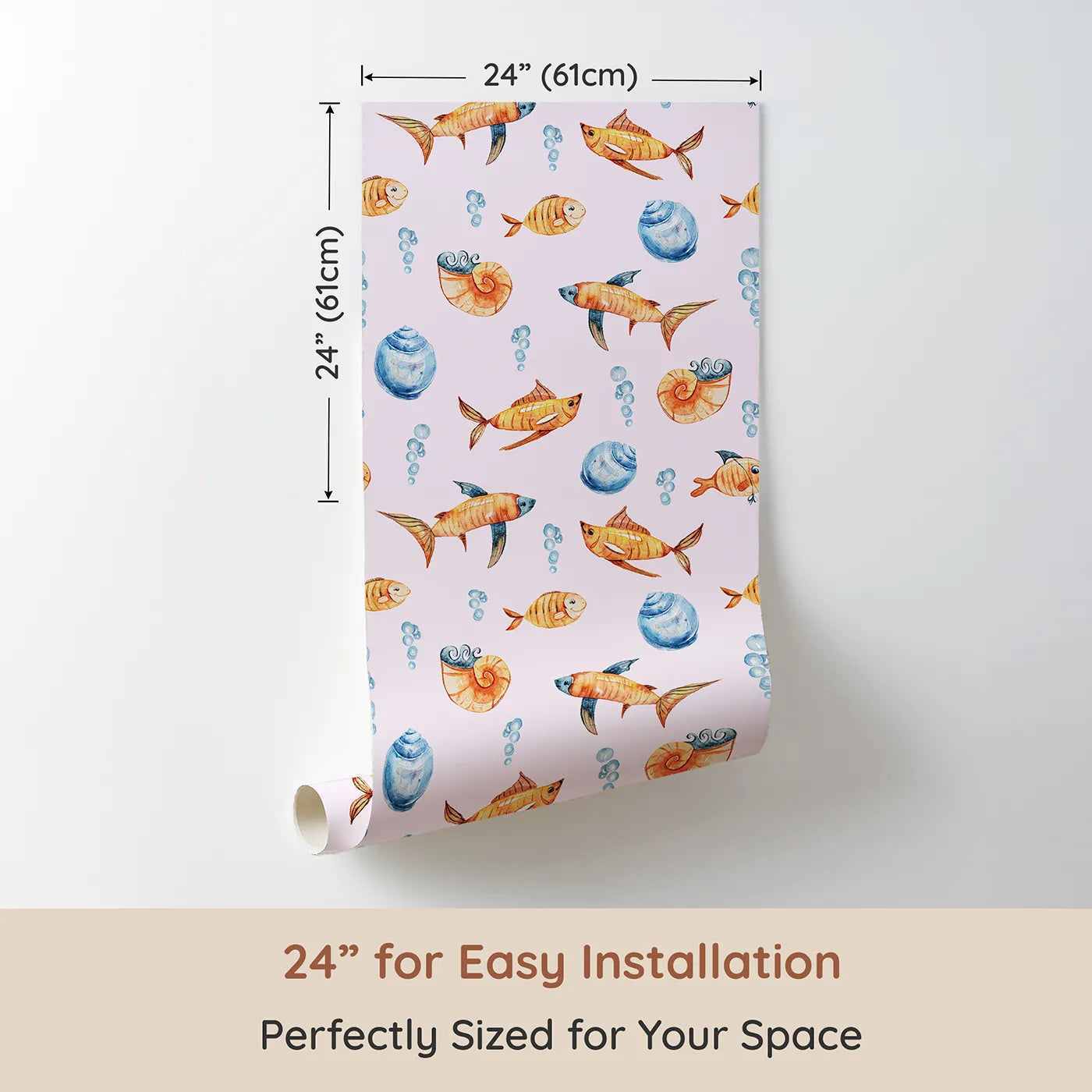 Dimension view of Whimsy Tots Undersea Bubble Friends Wallpaper in Pink (W3318B). Printed in 24-inch-wide panel for easy installation. Smiling fish and seashells dance through soft pink seas.