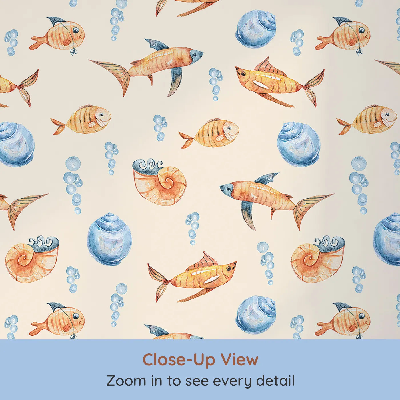 Close-up view of Whimsy Tots' Undersea Bubble Friends Wallpaper in Beige (W3318C).Smiling orange fish and pastel shells swim through cozy beige seas.