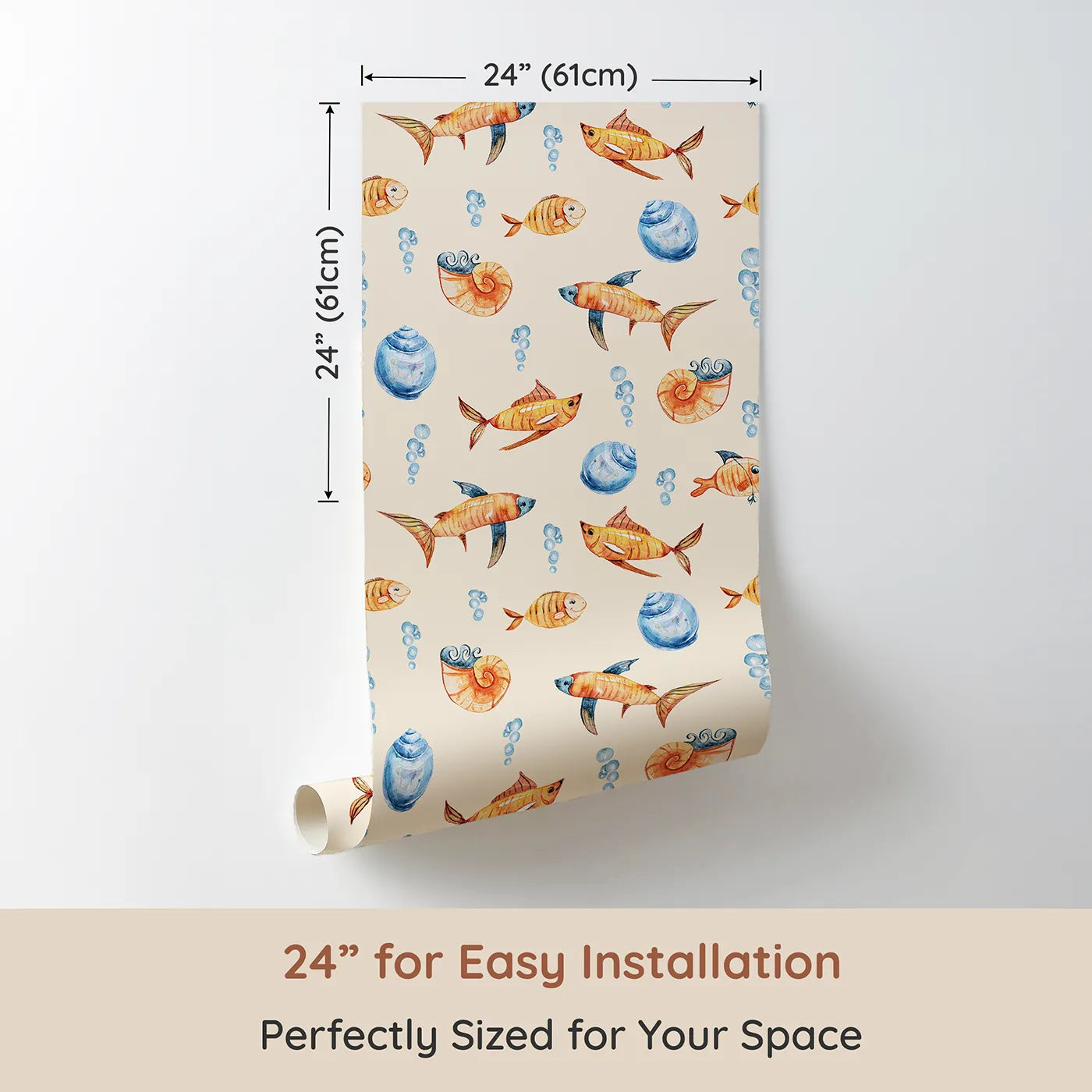 Dimension view of Whimsy Tots Undersea Bubble Friends Wallpaper in Beige (W3318C). Printed in 24-inch-wide panel for easy installation. Smiling orange fish and pastel shells swim through cozy beige seas.