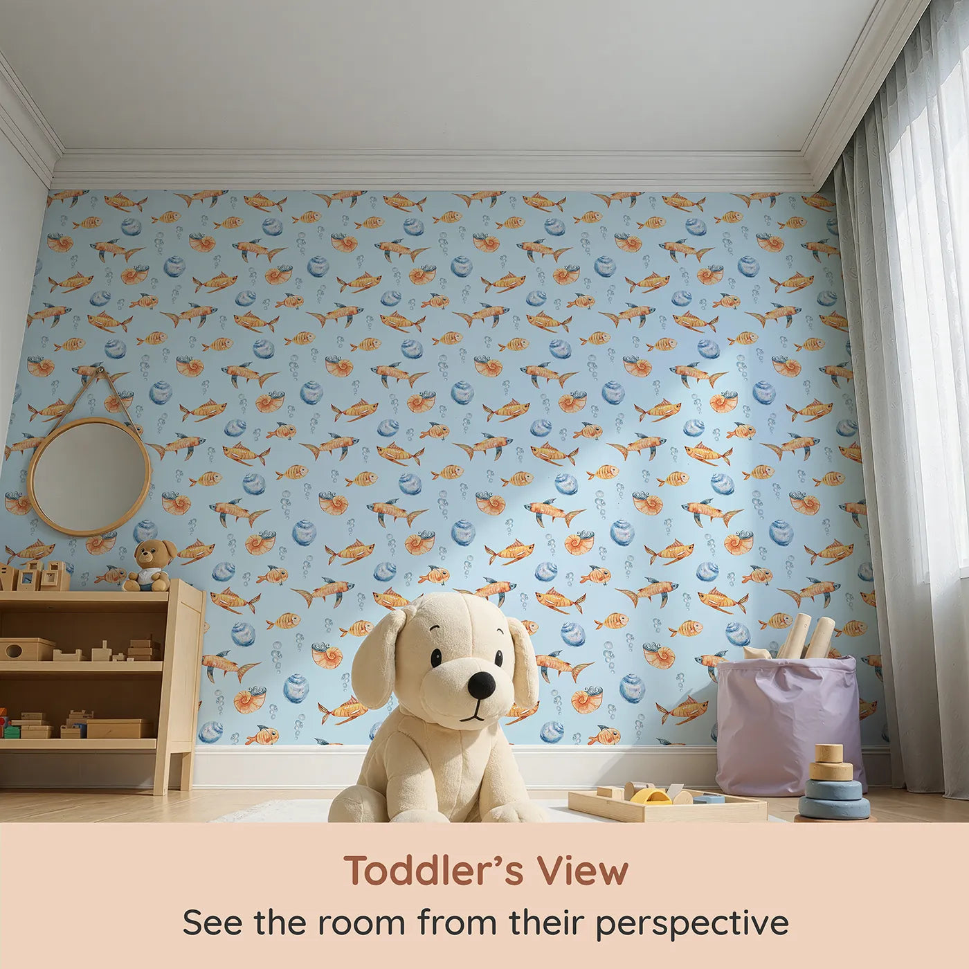 Whimsy Tots Undersea Bubble Friends Wallpaper in Blue (W3318E) from your child's view.Smiling orange fish swirl through a soft blue sea of shells and bubbles.