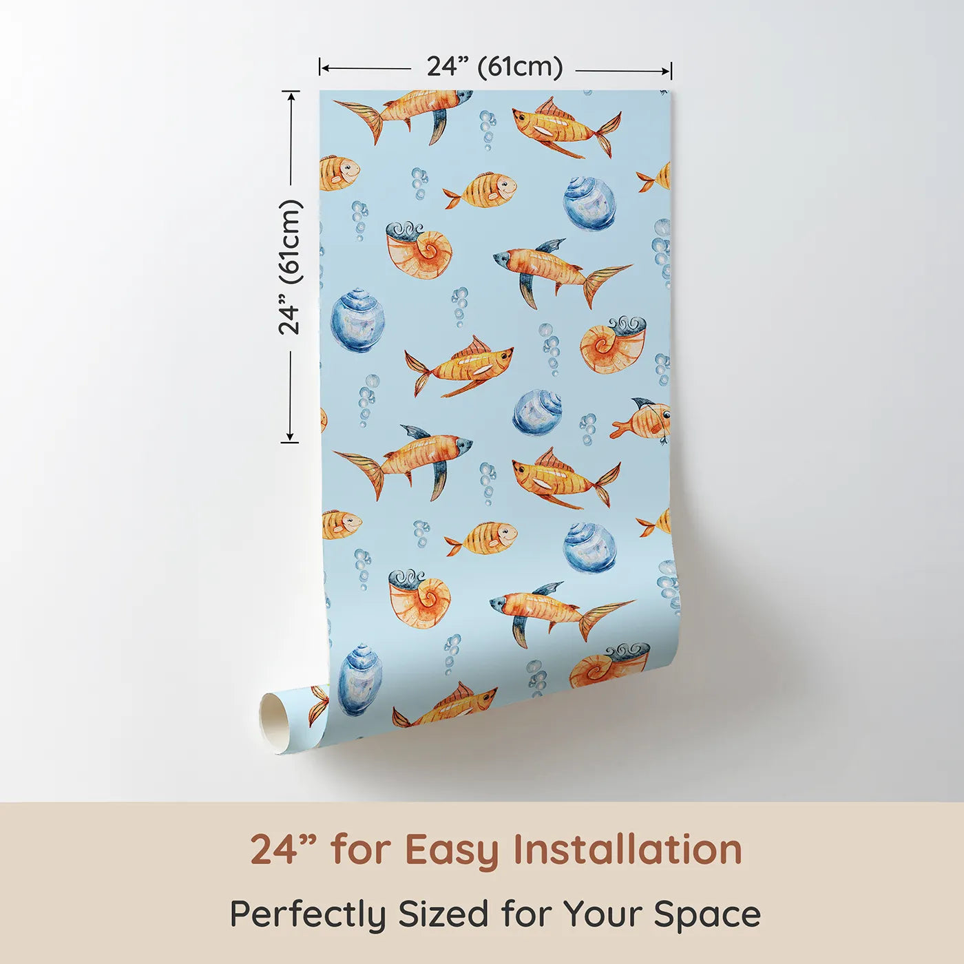 Dimension view of Whimsy Tots Undersea Bubble Friends Wallpaper in Blue (W3318E). Printed in 24-inch-wide panel for easy installation. Smiling orange fish swirl through a soft blue sea of shells and bubbles.