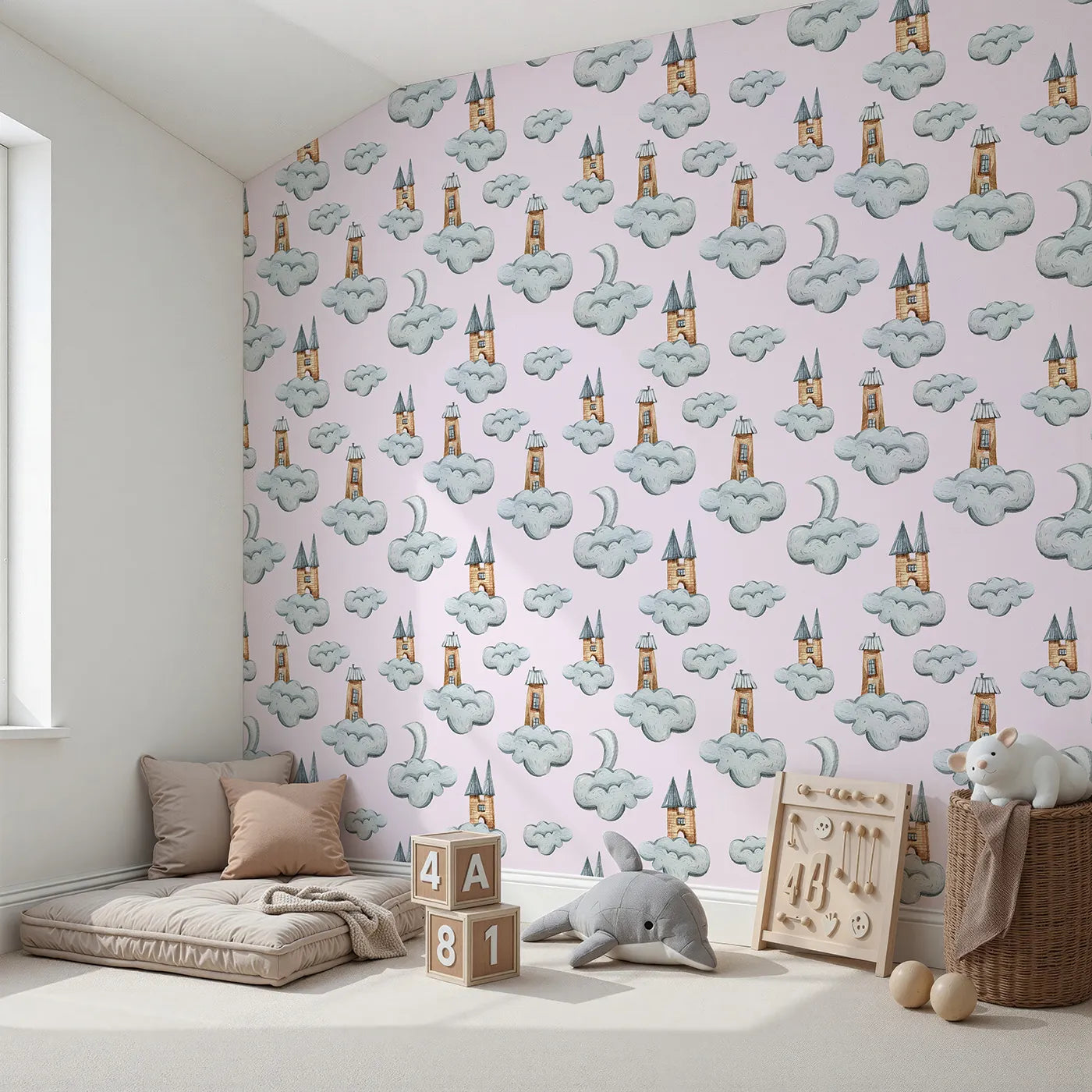 Angled view of Whimsy Tots' Castle Cloud Drift Wallpaper in Pink (W3319B).Fairytale towers float on pink skies beneath the moon’s quiet watch.