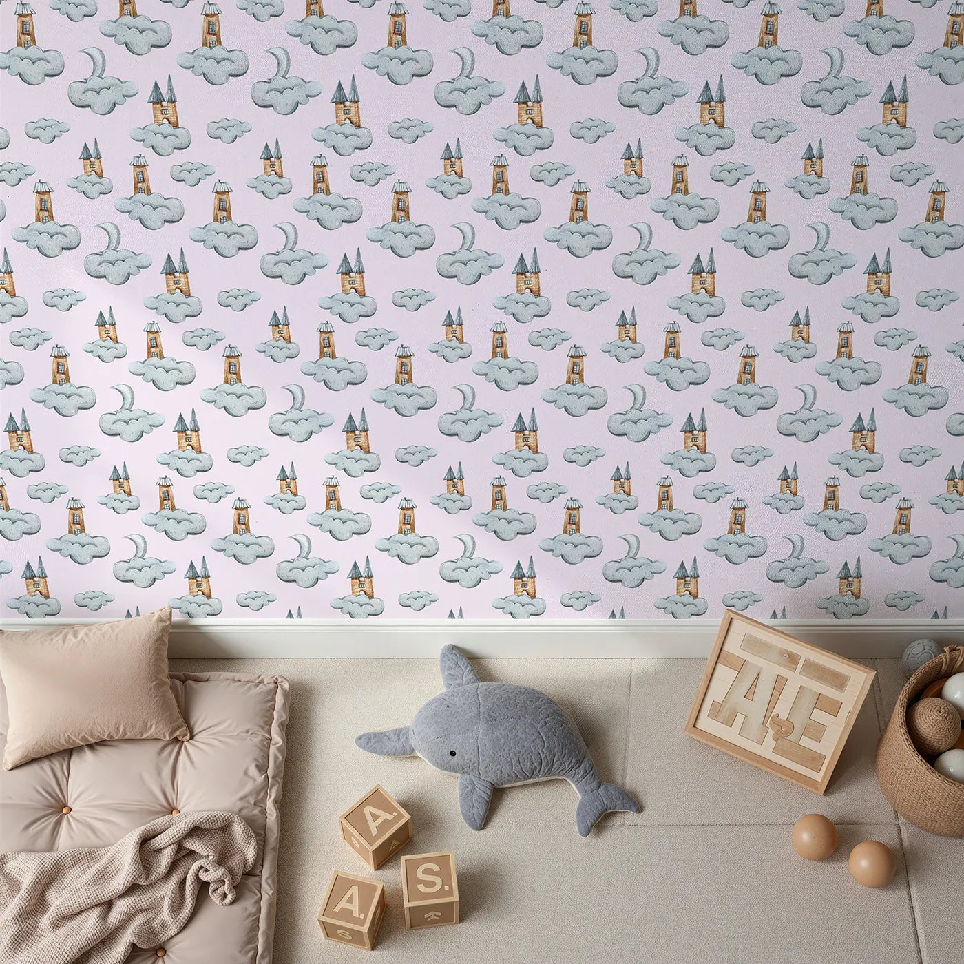Top-Down view of Whimsy Tots' Castle Cloud Drift Wallpaper in Pink (W3319B).Fairytale towers float on pink skies beneath the moon’s quiet watch.