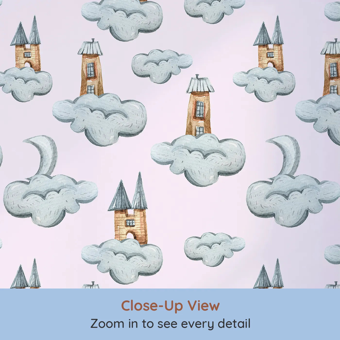 Close-up view of Whimsy Tots' Castle Cloud Drift Wallpaper in Pink (W3319B).Fairytale towers float on pink skies beneath the moon’s quiet watch.