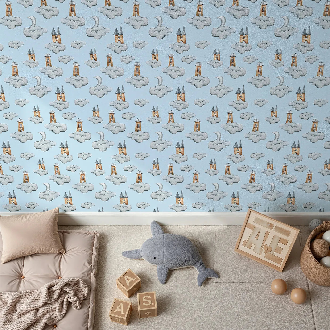 Top-Down view of Whimsy Tots' Castle Cloud Drift Wallpaper in Blue (W3319E).Whimsical castles float gently above in a dreamy blue sky.