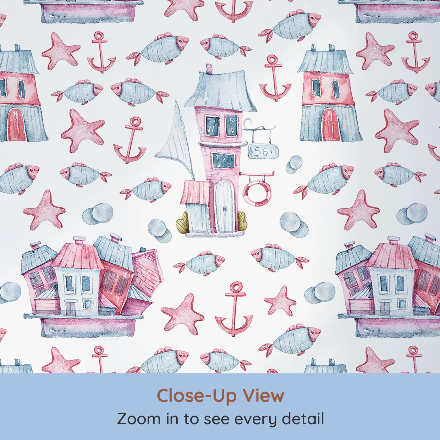 Close-up view of Whimsy Tots' Seaside Village Parade Wallpaper in White (W3320A).Charming houses and cheerful fish dance through a playful seaside world.