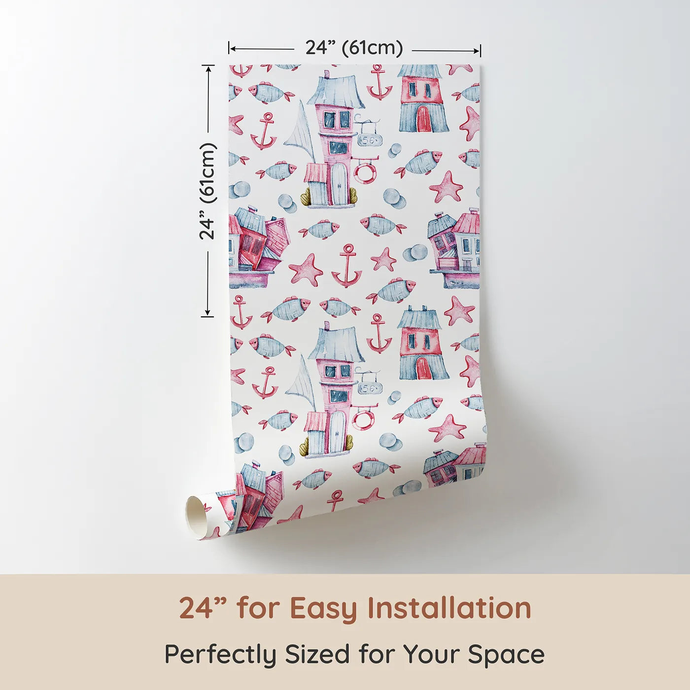 Dimension view of Whimsy Tots Seaside Village Parade Wallpaper in White (W3320A). Printed in 24-inch-wide panel for easy installation. Charming houses and cheerful fish dance through a playful seaside world.