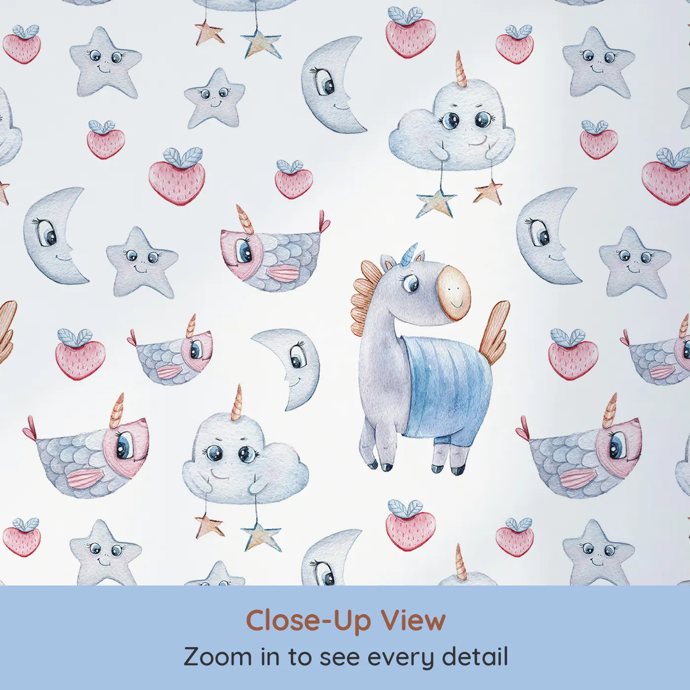 Close-up view of Whimsy Tots' Starlight Narwhal Parade Wallpaper in White (W3321A).Unicorn narwhals, starry moons, and blushing clouds dance through a magical sky.